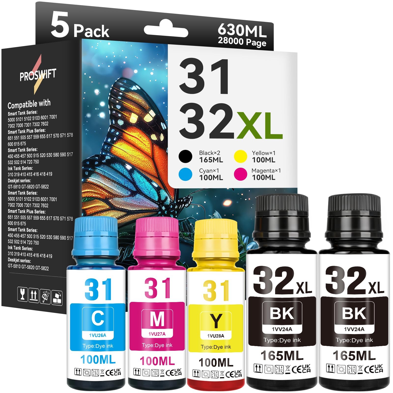 31 32XL Ink Bottle Set Refill for HP Smart Tank 7602 6001 5101 5000 Print