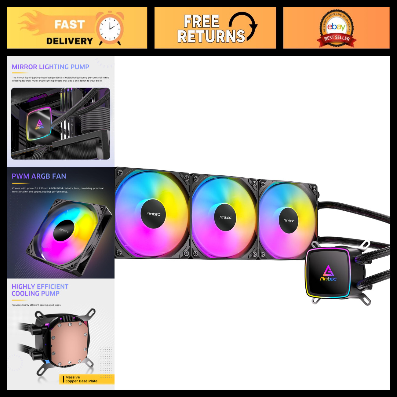 High-Performance 360mm ARGB Liquid CPU Cooler, 3x120mm PWM Fans, Intel & AMD Com
