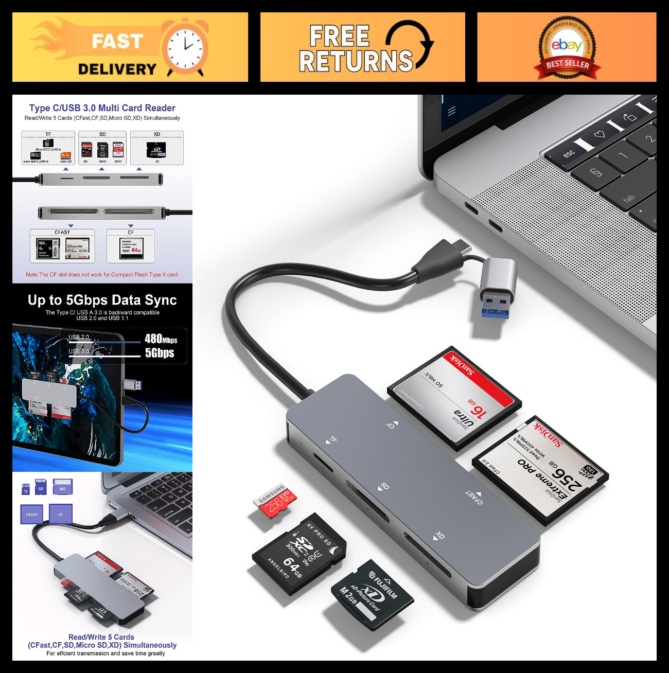 5-in-1 CFast Card Reader USB C/A, 5Gbps SD/TF/XD/CF Adapter for PC/Mac, Plug & P