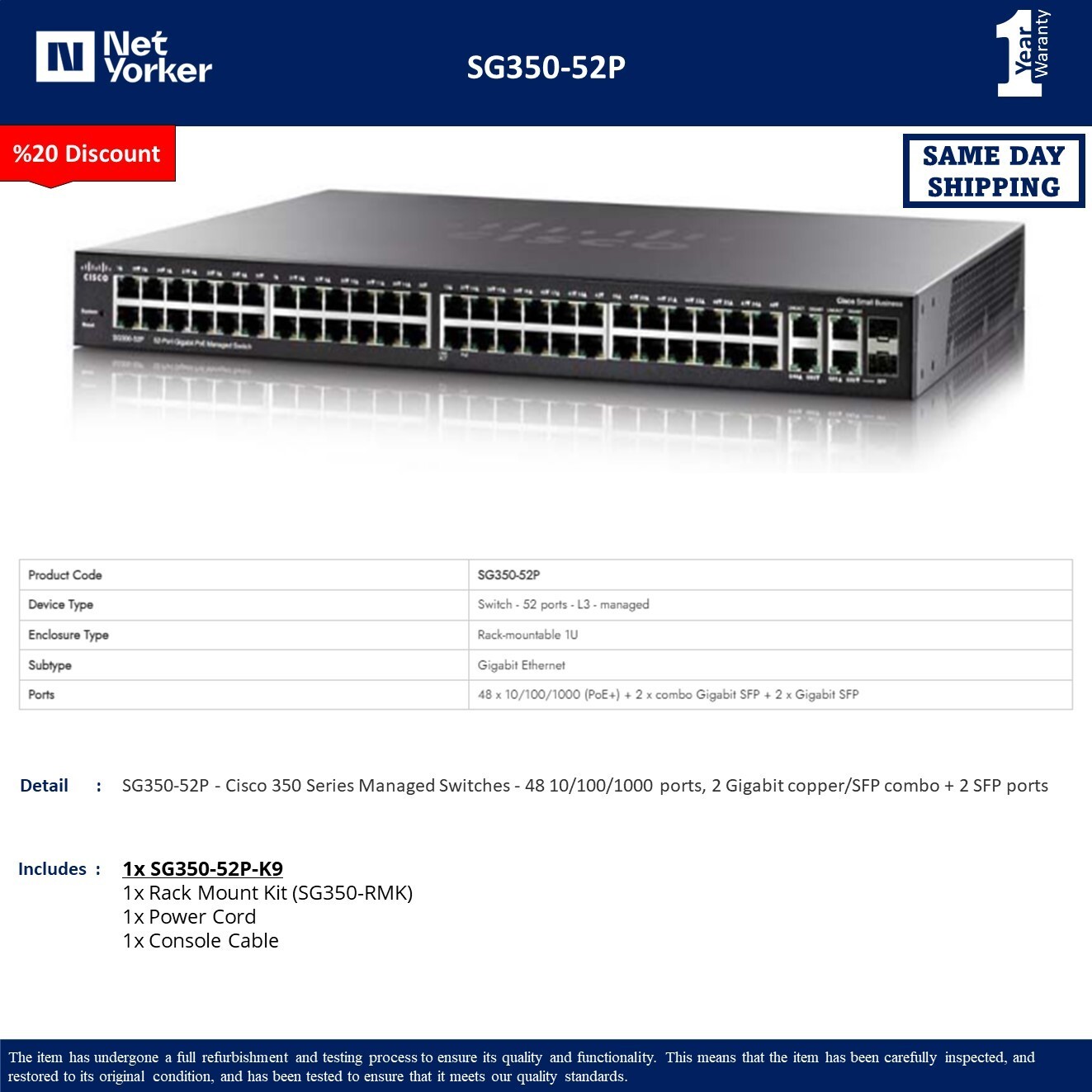 Cisco SG350-52P-K9 52 Port PoE Managed Switch - Same Day Shipping