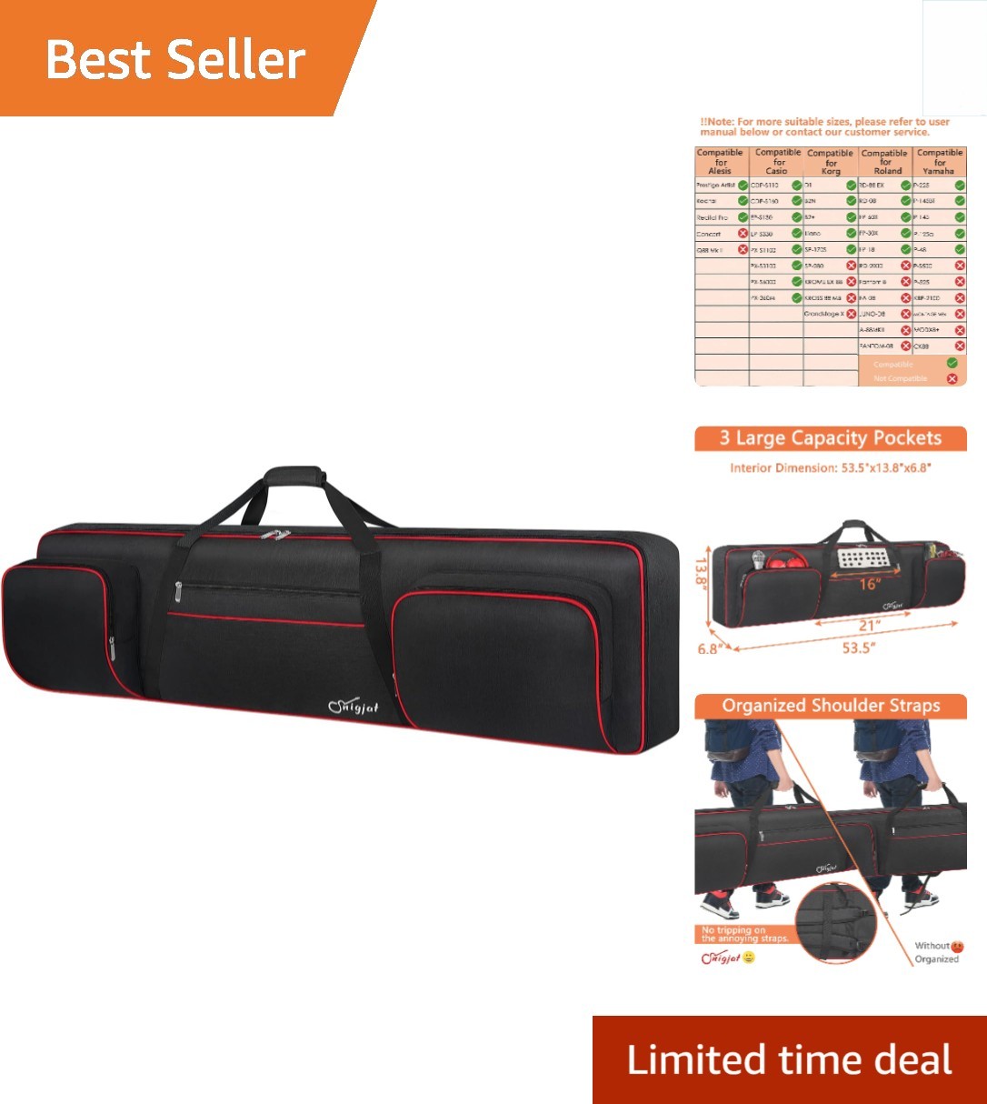 Deluxe 88 Key Keyboard Case with Adjustable Padded Shoulder Straps - Black & Red
