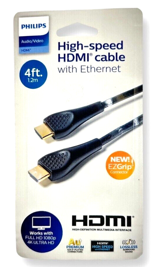 PHILIPS HIGH-SPEED 4-FOOT HDMI CABLE/WITH ETHERNET/WORKS w-HD 1080P & 4K UHD/NEW