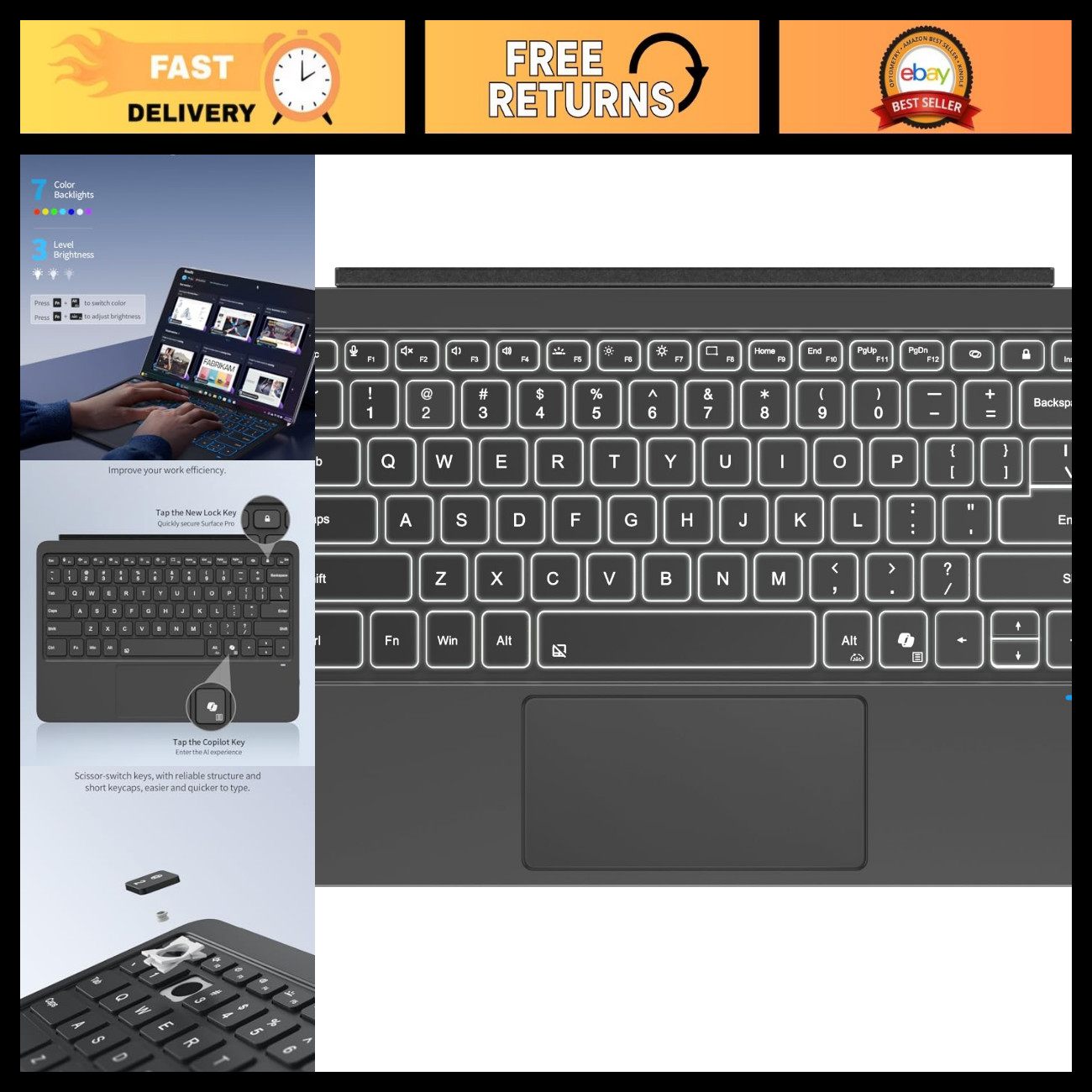 Keyboard for Microsoft Surface Pro 12" 2025 - Slim, Lightweight, Black, Fast Typ