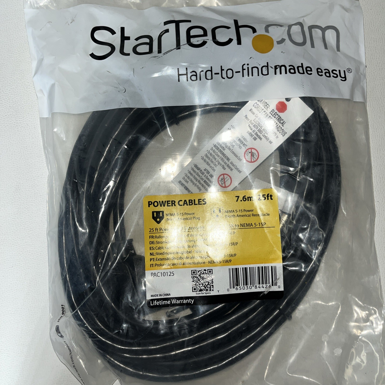 StarTech.com 25’  7.6m Power Extension Cord, NEMA 5-15R to NEMA 5-15P Black