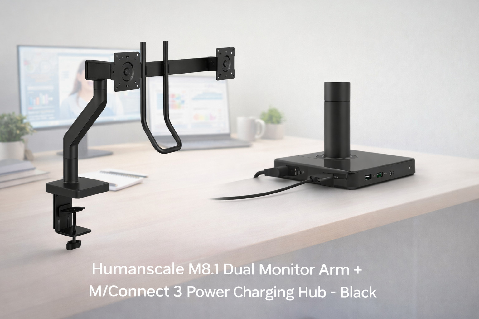 Humanscale M8.1 Dual Monitor Arm + M/Connect 3 Power Charging Hub – Black