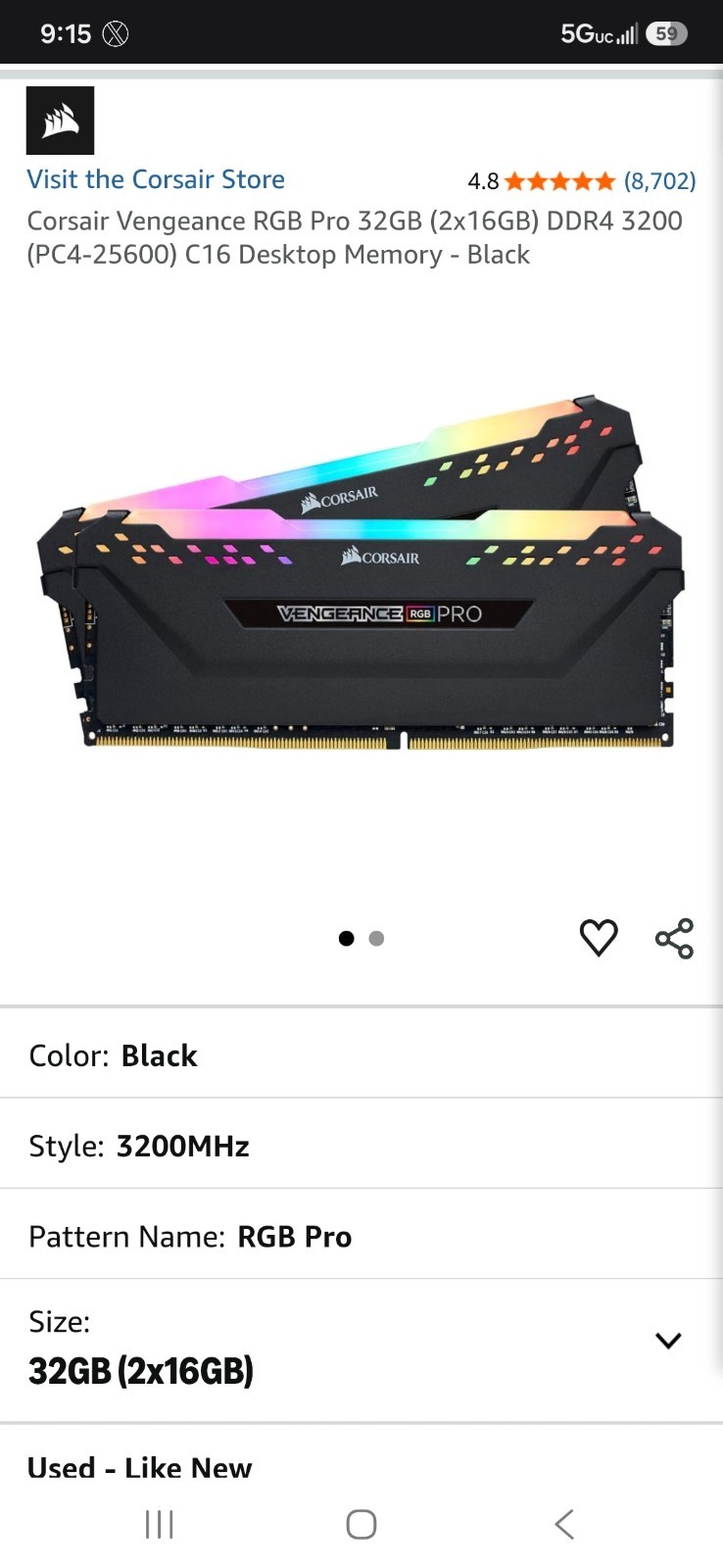 Corsair Vengeance RGB Pro 32g(2x16g) Ram Sticks 16GB DDR4 3200MHz