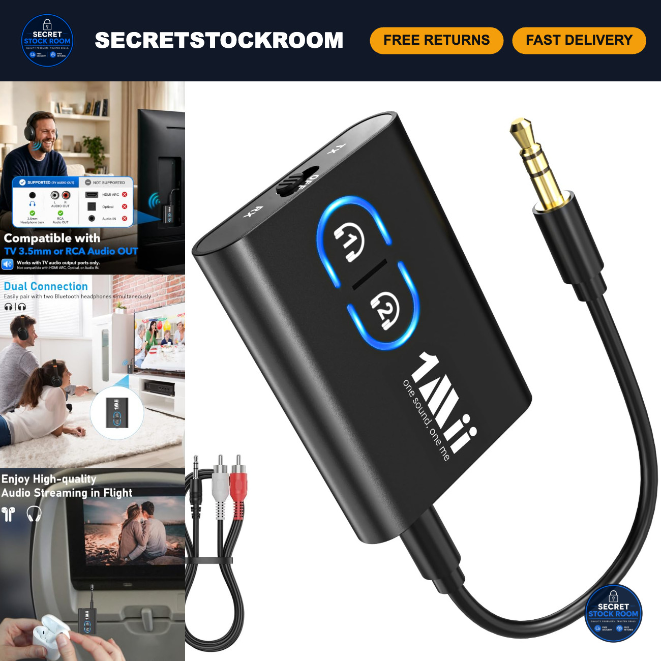 Bluetooth 5.3 Transmitter Receiver for TV & Airplane - Connect 2 Headphones