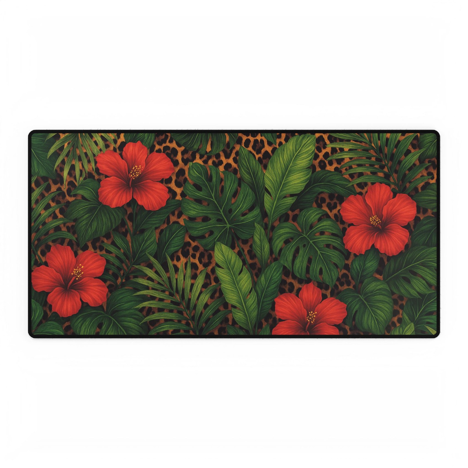 Desk Mat, Tropical Foliage Animal Print Cheetah Flowers, Desk Pad 