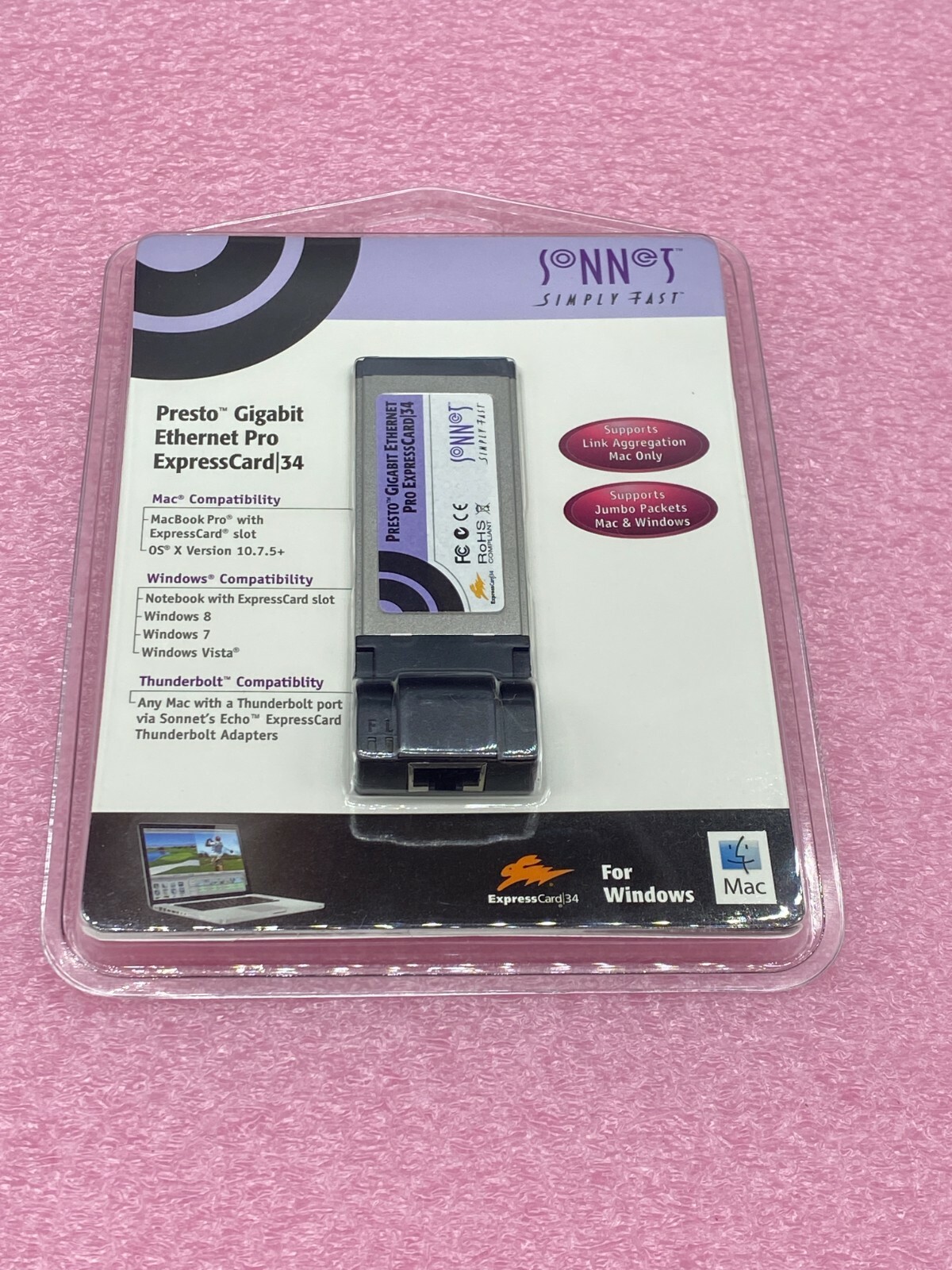 Sonnet Presto Gigabit Ethernet Pro ExpressCard 34 GE1000LAB-E34 Mac Windows New