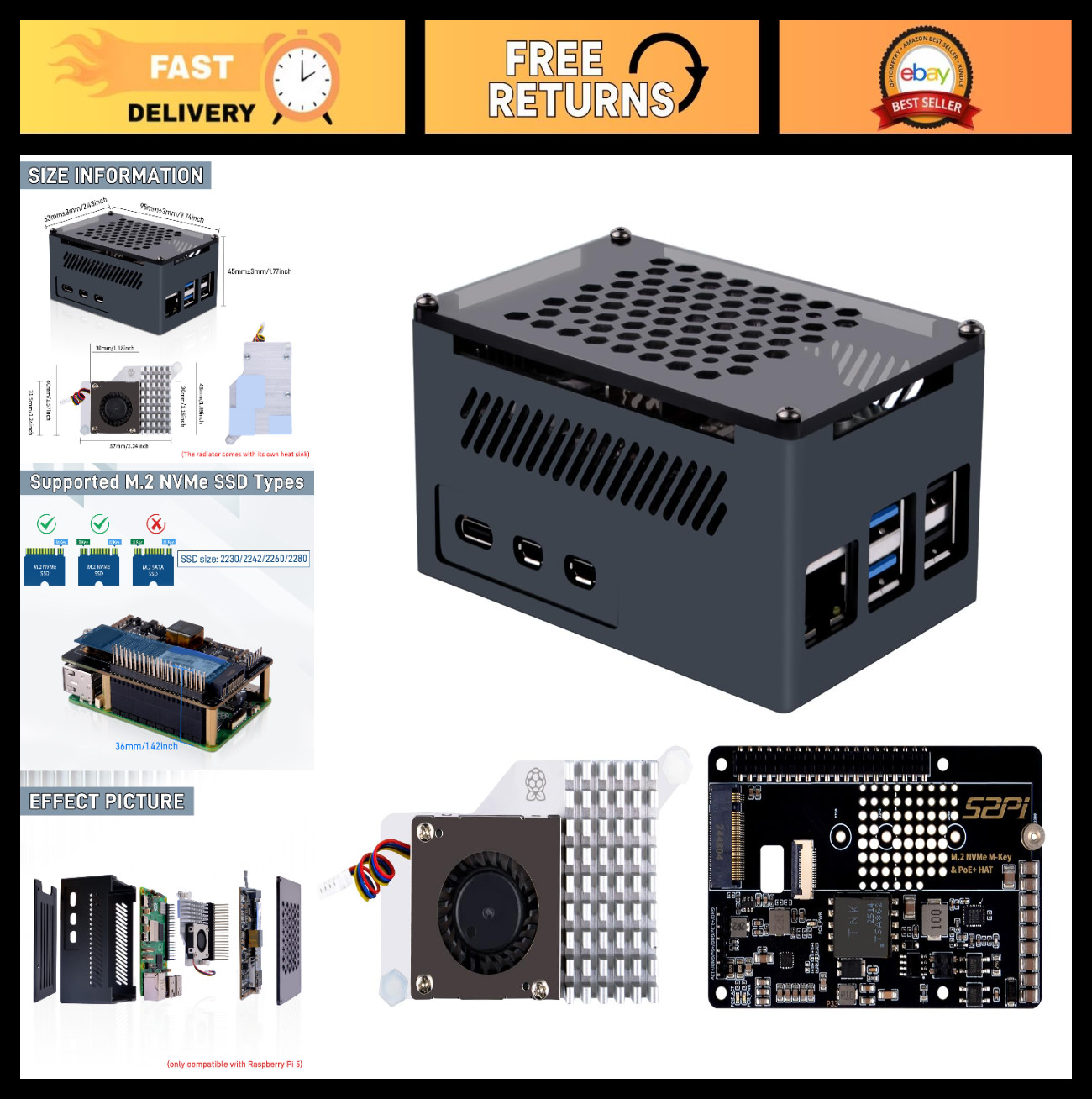 M.2 NVMe M-Key PoE+ Hat for Raspberry Pi 5 with Active Cooler & Aluminum Case