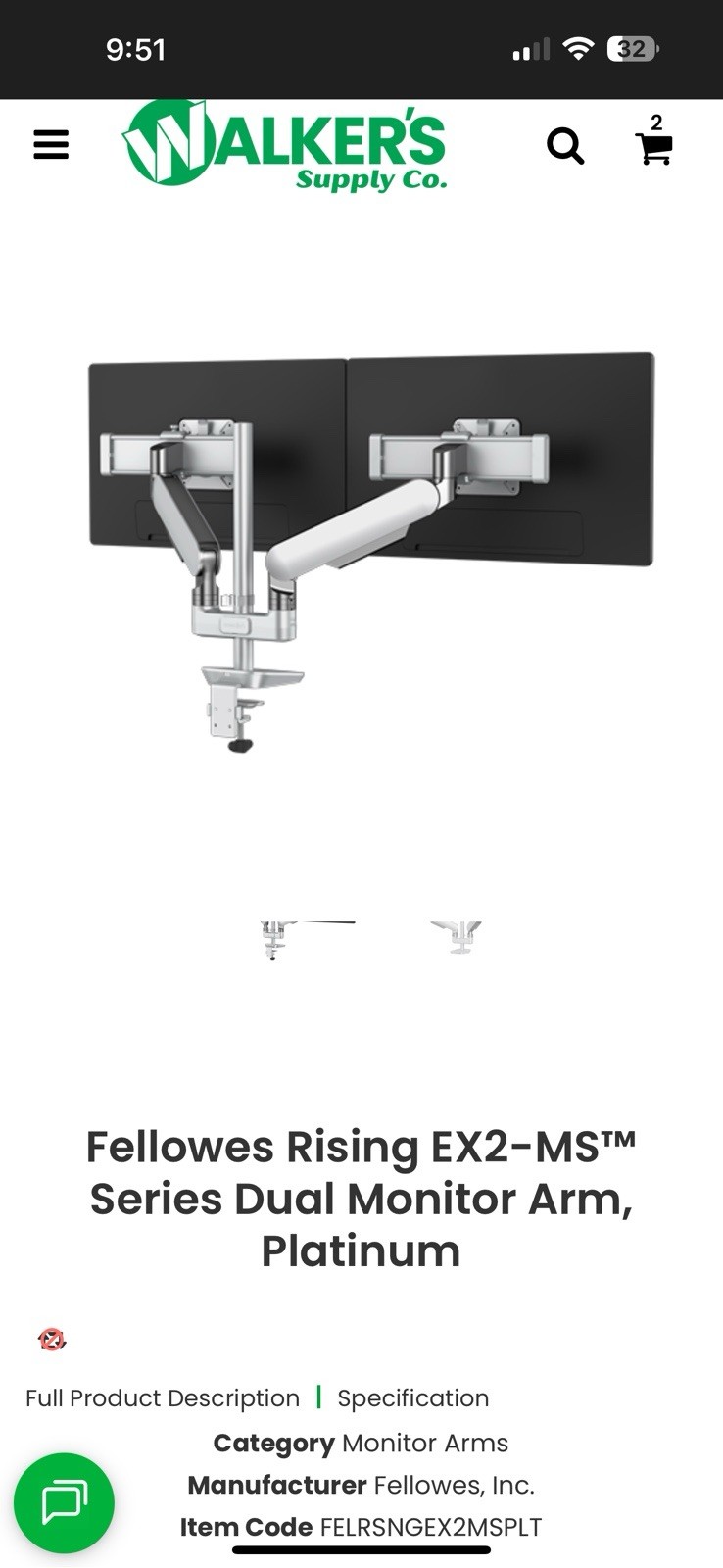 Fellowes Rising EX2-MS Series Dual Monitor Arm, Platinum Color
