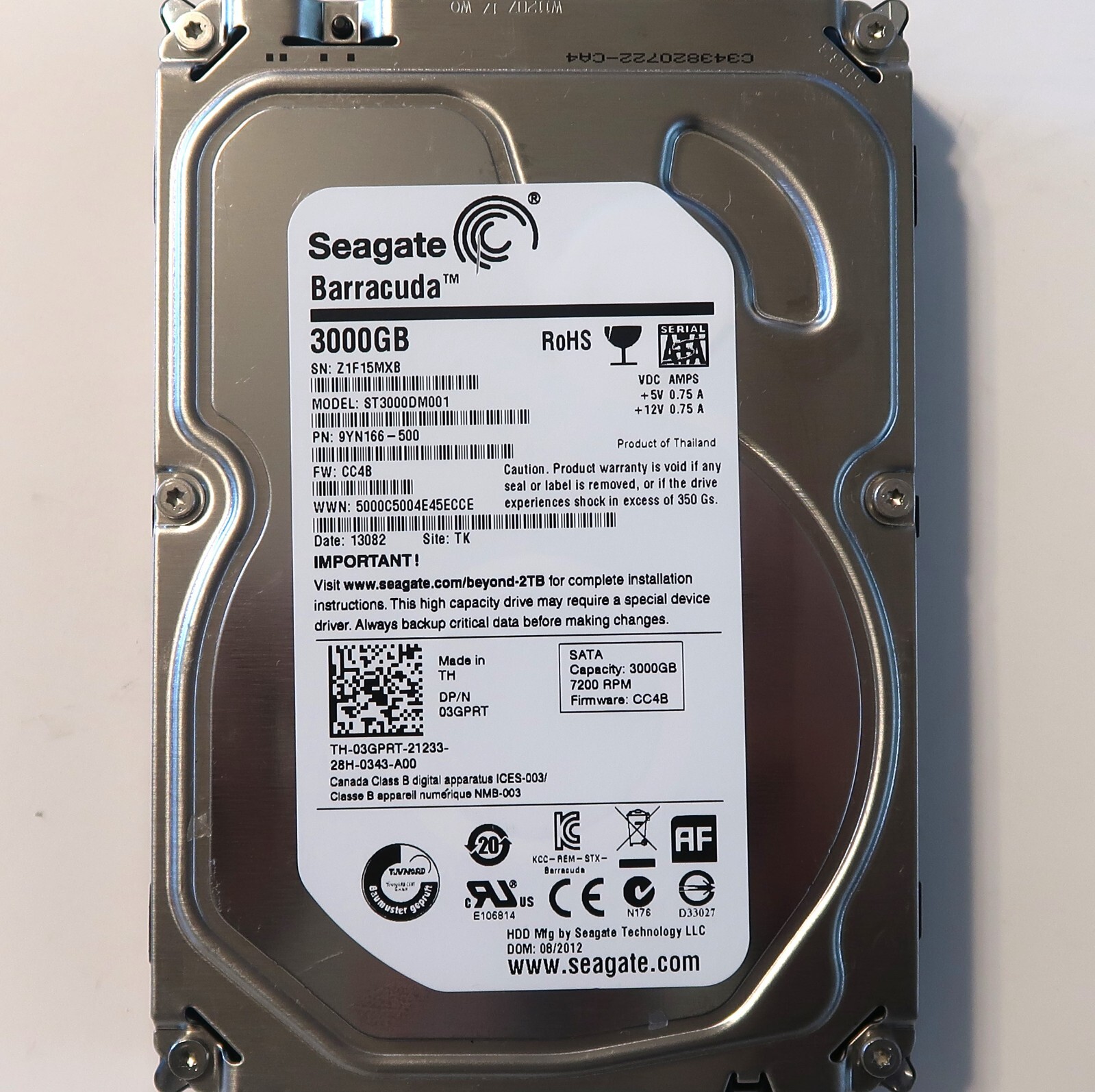 Seagate ST3000DM001 9YN166-500 CC4B TK Thailand (Z1F) 3.5" 3.0TB Sata 08/2012