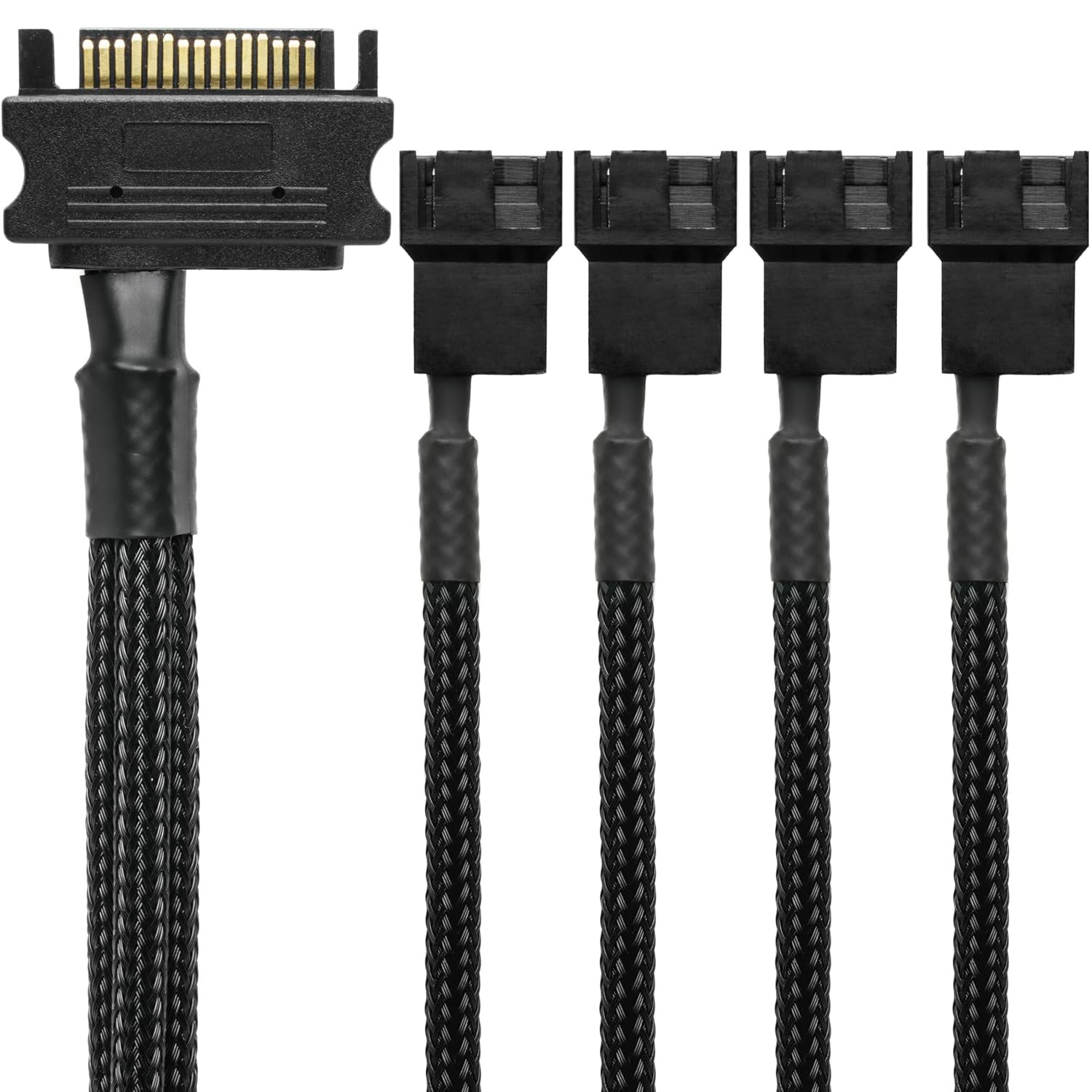CRJ 15-Pin SATA to 4 PC Fan Power Adapter Cable - 12-inch (30cm), Black Sleeved