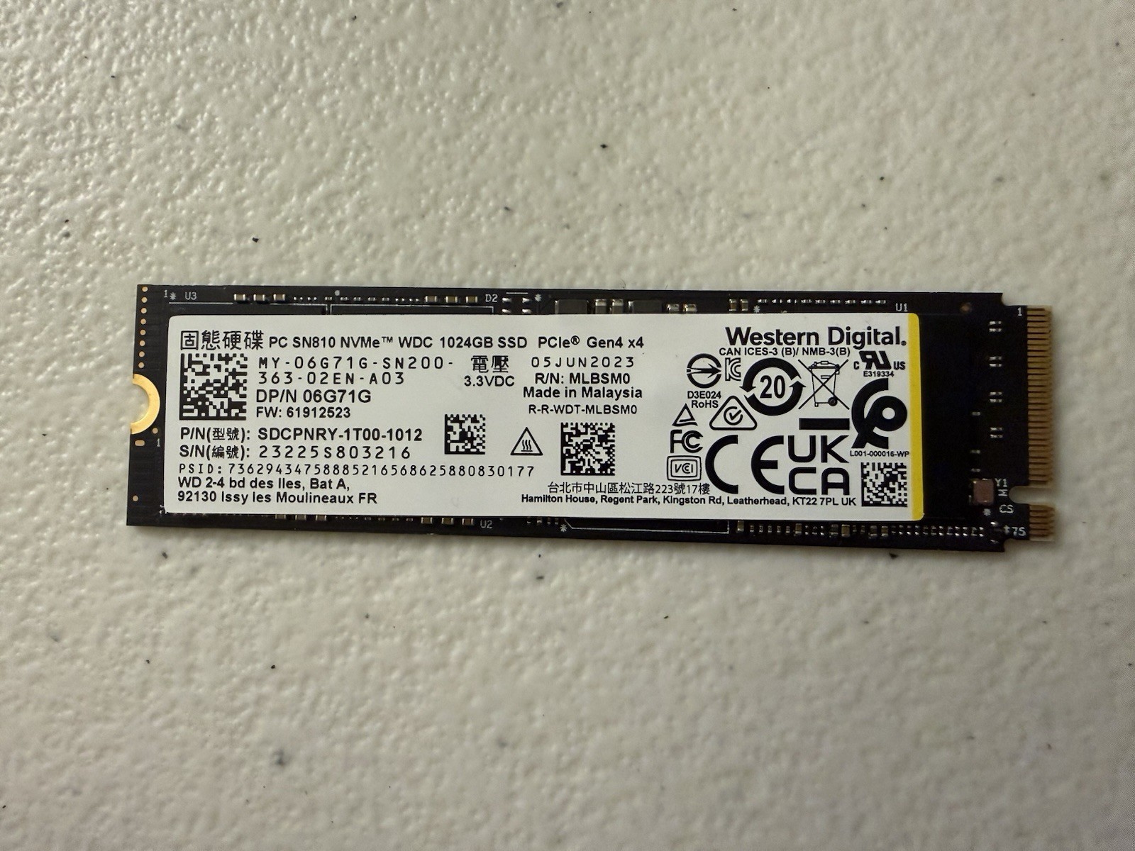WD PC SN810 1TB NVMe M.2 SSD PCIe Gen4 x4 Dell 06G71G SDCPNRY-1T00-1012