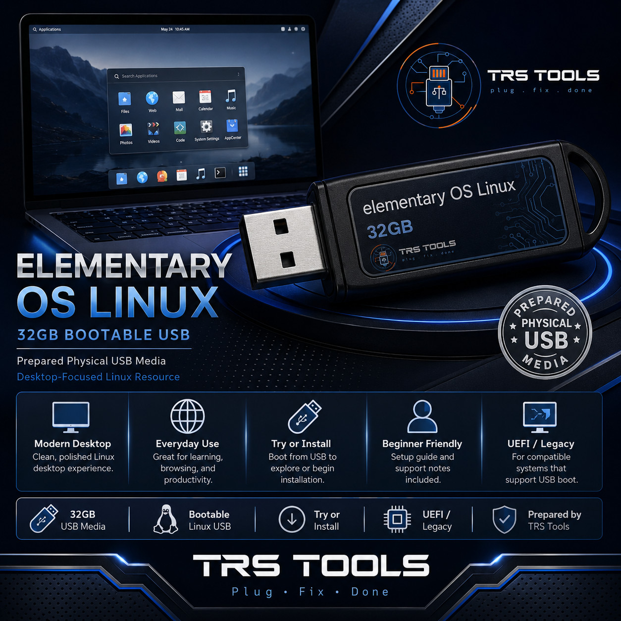 Elementary OS Linux Bootable USB 32GB Prepared Physical Media