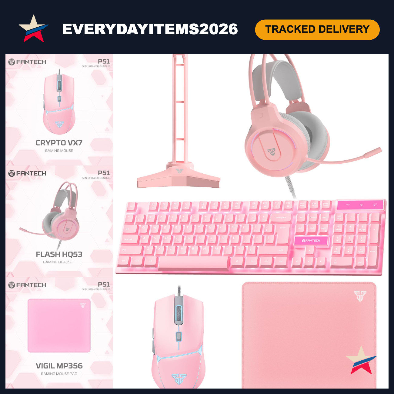 5-in-1 Gaming Bundle: RGB Keyboard, Mouse, Headset, Stand & Pad - Pink