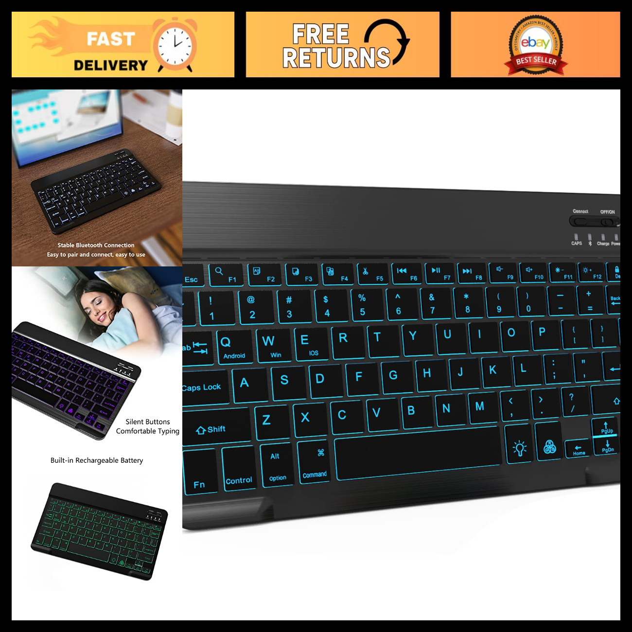 7 Color Backlit Bluetooth Keyboard for iPad, Android Tablets & Phones - Wireless