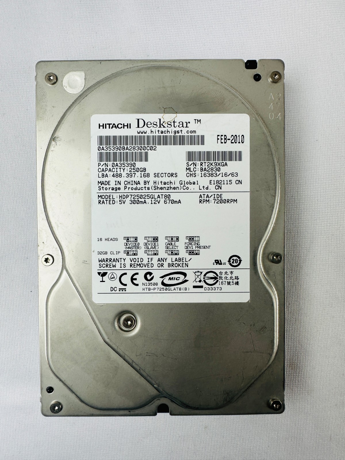 Hitachi 0A35390 HDP725025GLAT80 Hard Disk Drive