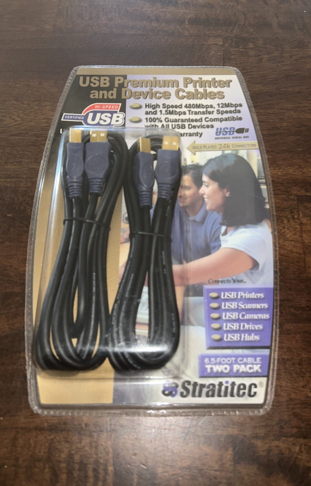 2-Pack STRATITEC Premium USB 2.0 Printer Device Cable 6.5ft 24K Gold Plated NEW