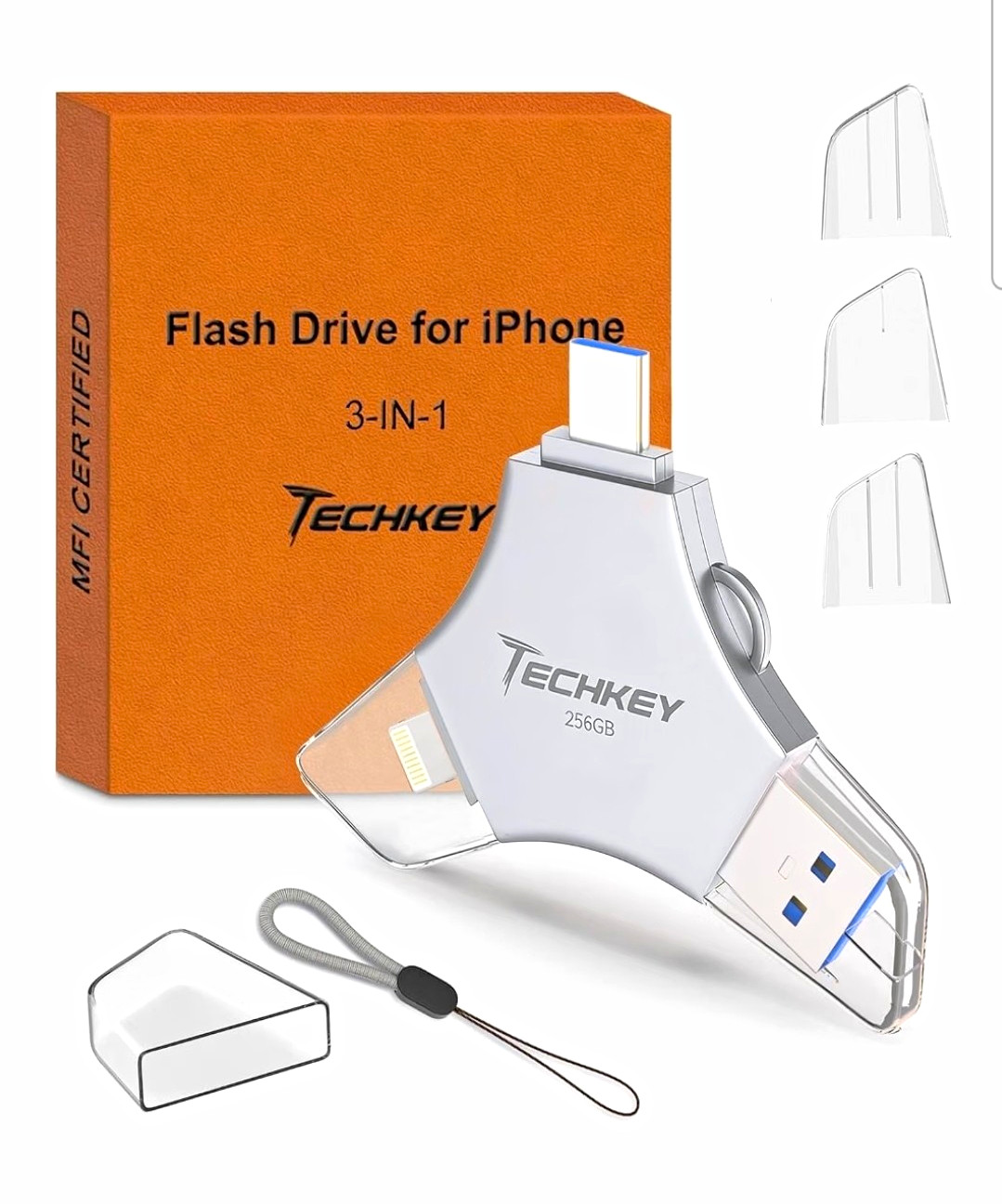 Techkey 256GB 3-in-1 iPhone Flash Drive USB 3.0 Lightning USB-C Silver