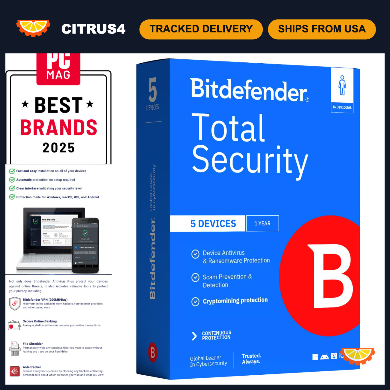 Complete Antivirus & Internet Security Suite - 5 Devices, 1 Year, PC/Mac, Activa