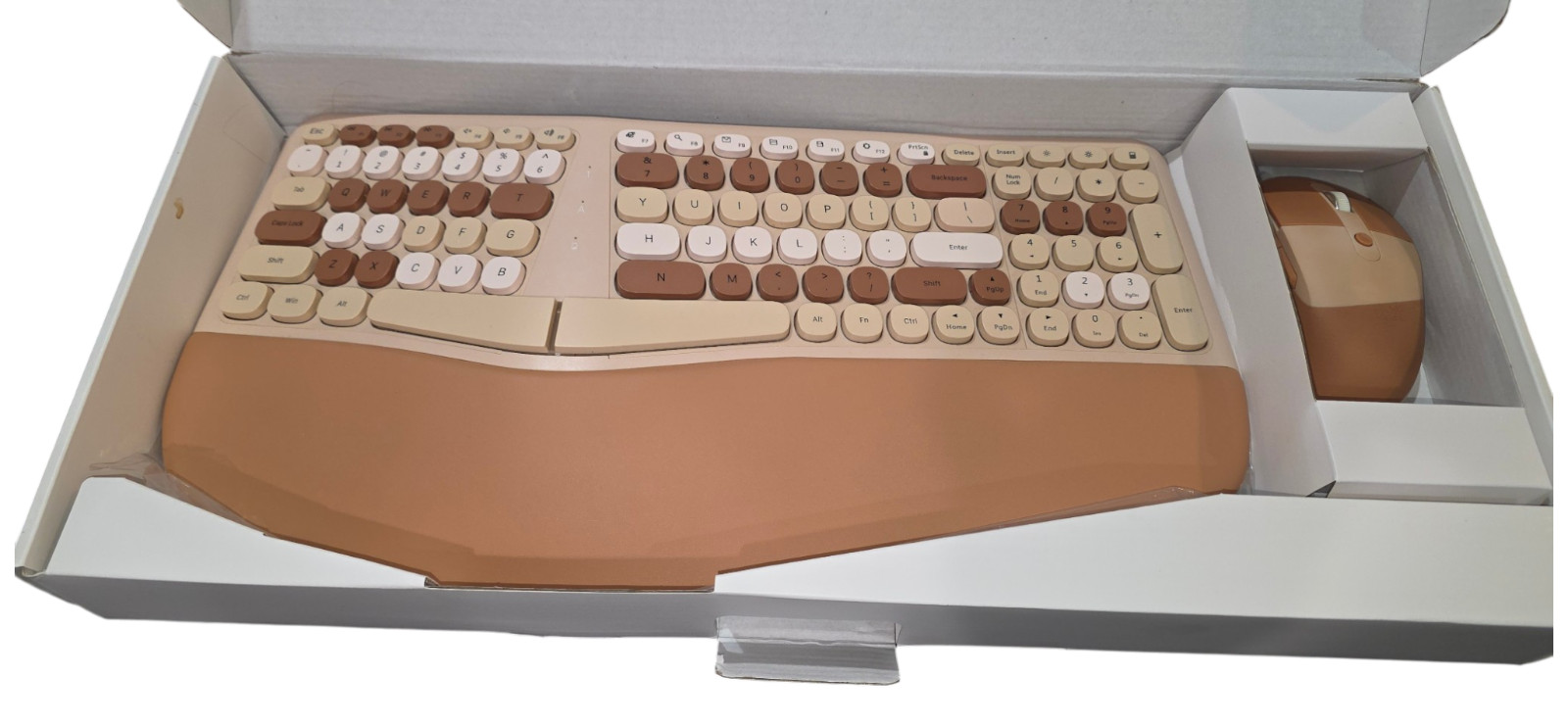 NOMI Ergonomic Wireless Keyboard Mouse Combo Beige Brown Open Box USB Receiver