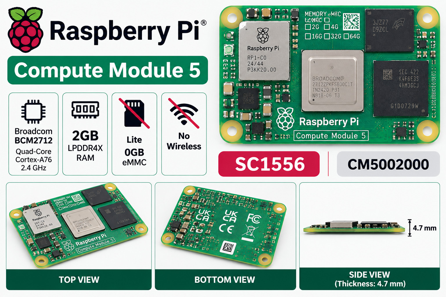 Raspberry Pi Compute Module 5 CM5 2GB RAM Lite SC1556 CM5002000 NEW