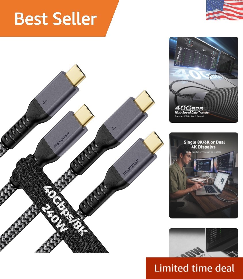 Thunderbolt 4 Cable 3.3FT - 40Gbps Speeds, 240W Power Delivery, 2-Pack