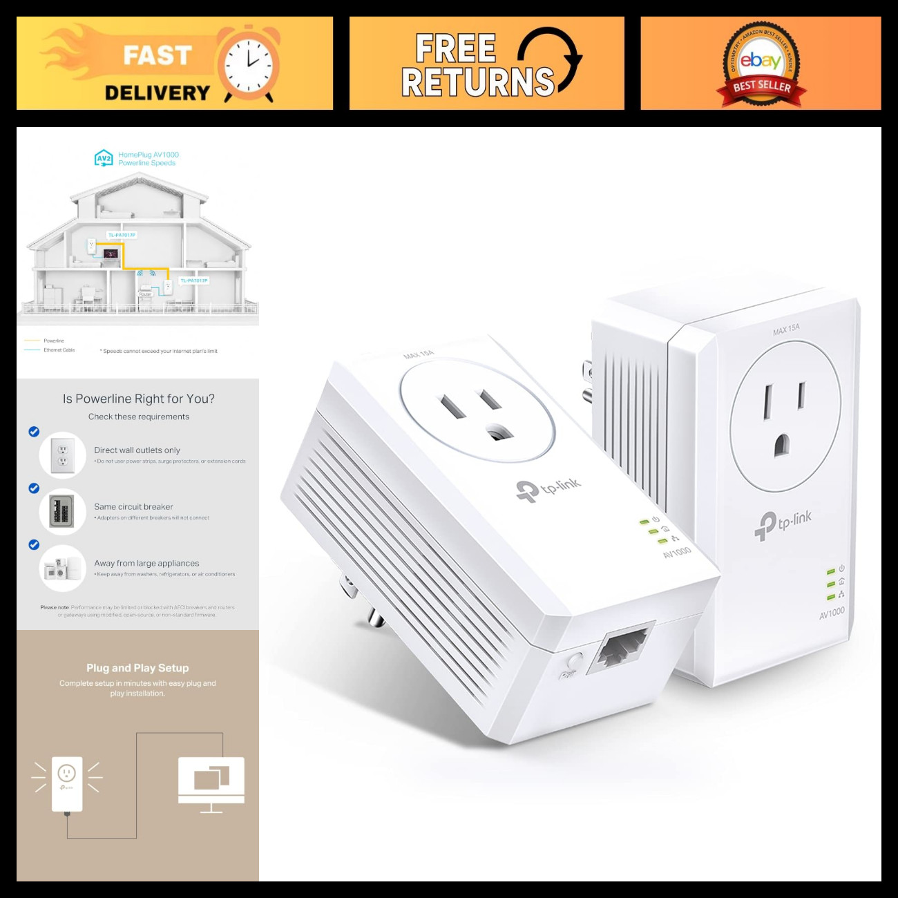 Powerline Ethernet Adapter Kit - AV1000, Passthrough, Gigabit Port, High-Speed N