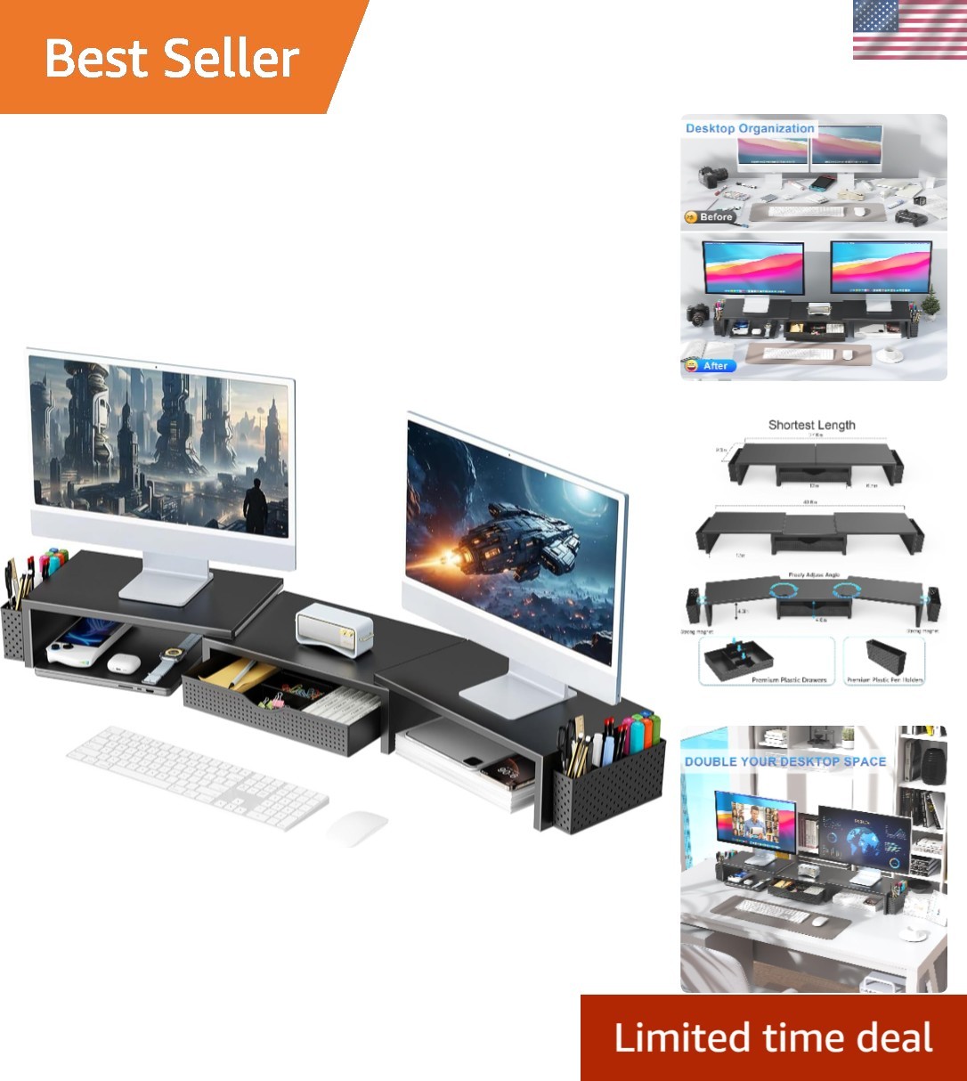 Maximize Desk Space with This Elegant Dual Monitor Stand & Organizer - Black