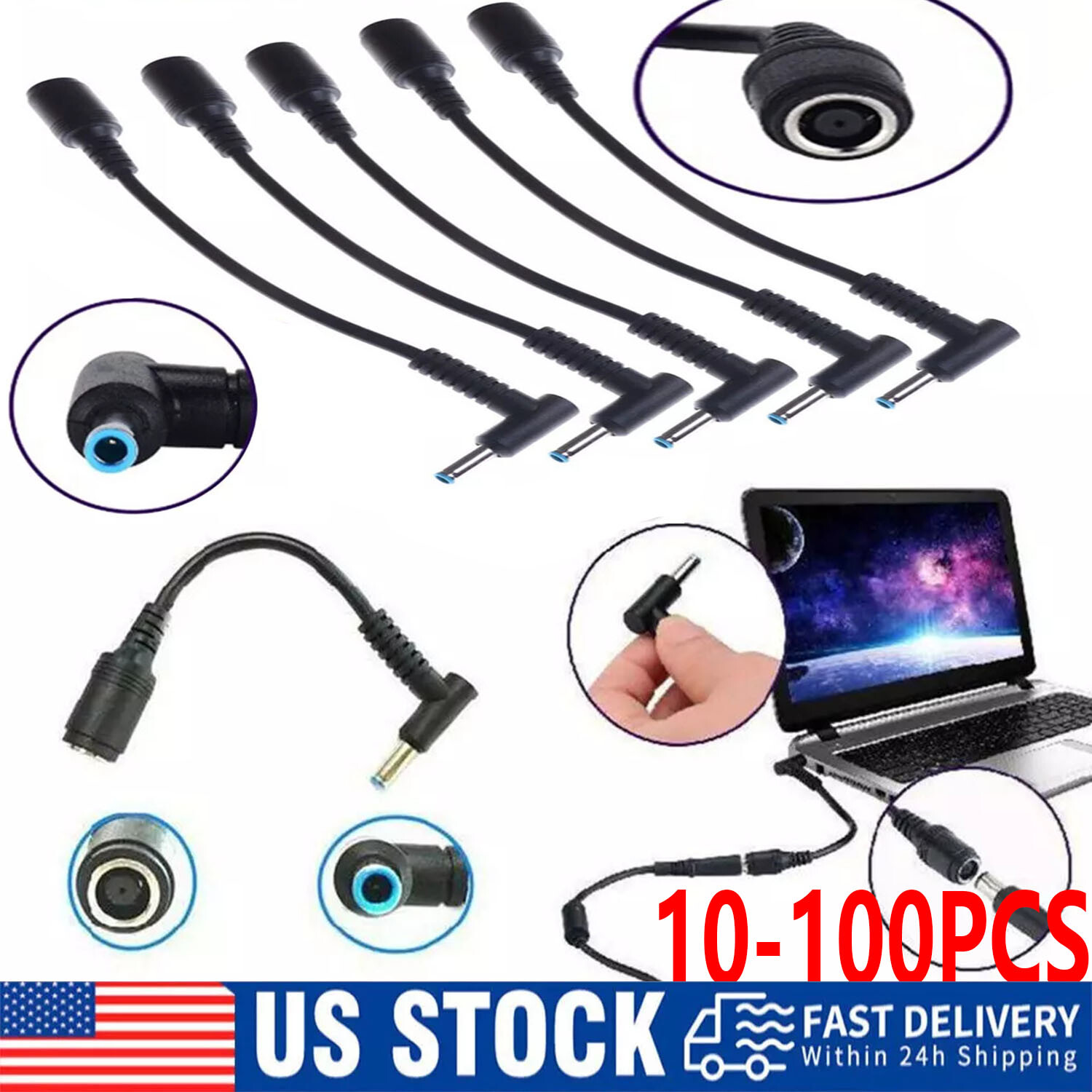 Wholesale 100pcs 7.4mm To 4.5mm DC Power Charger Converter Adapter Cable for HP