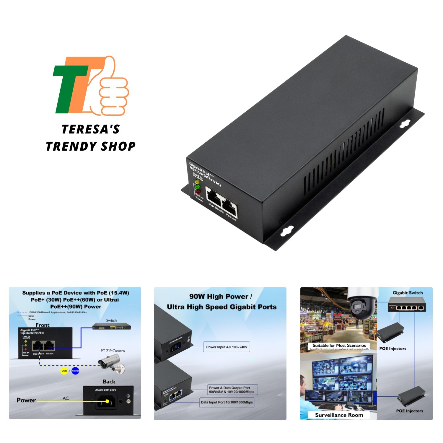 Compact 90W Gigabit PoE Injector with Integrated Power Supply - Effortless Setup
