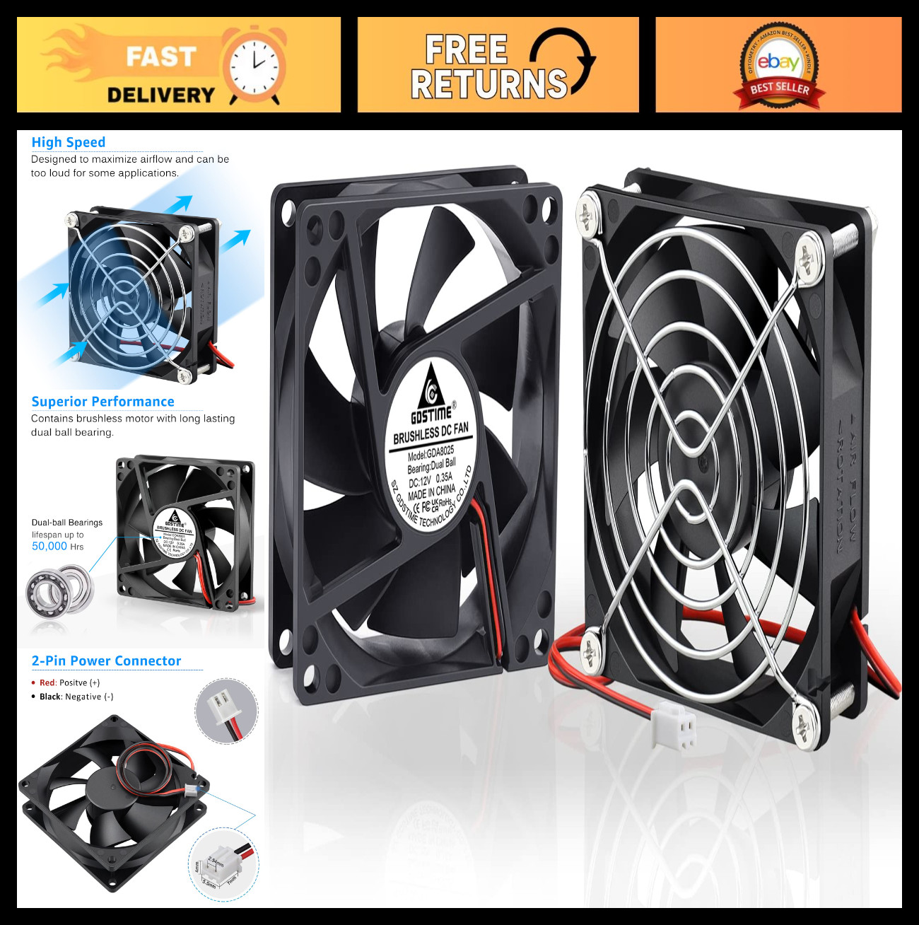2 Pack 80mm Dual Ball Bearing High Speed 4500RPM 12V DC Brushless Cooling Fans
