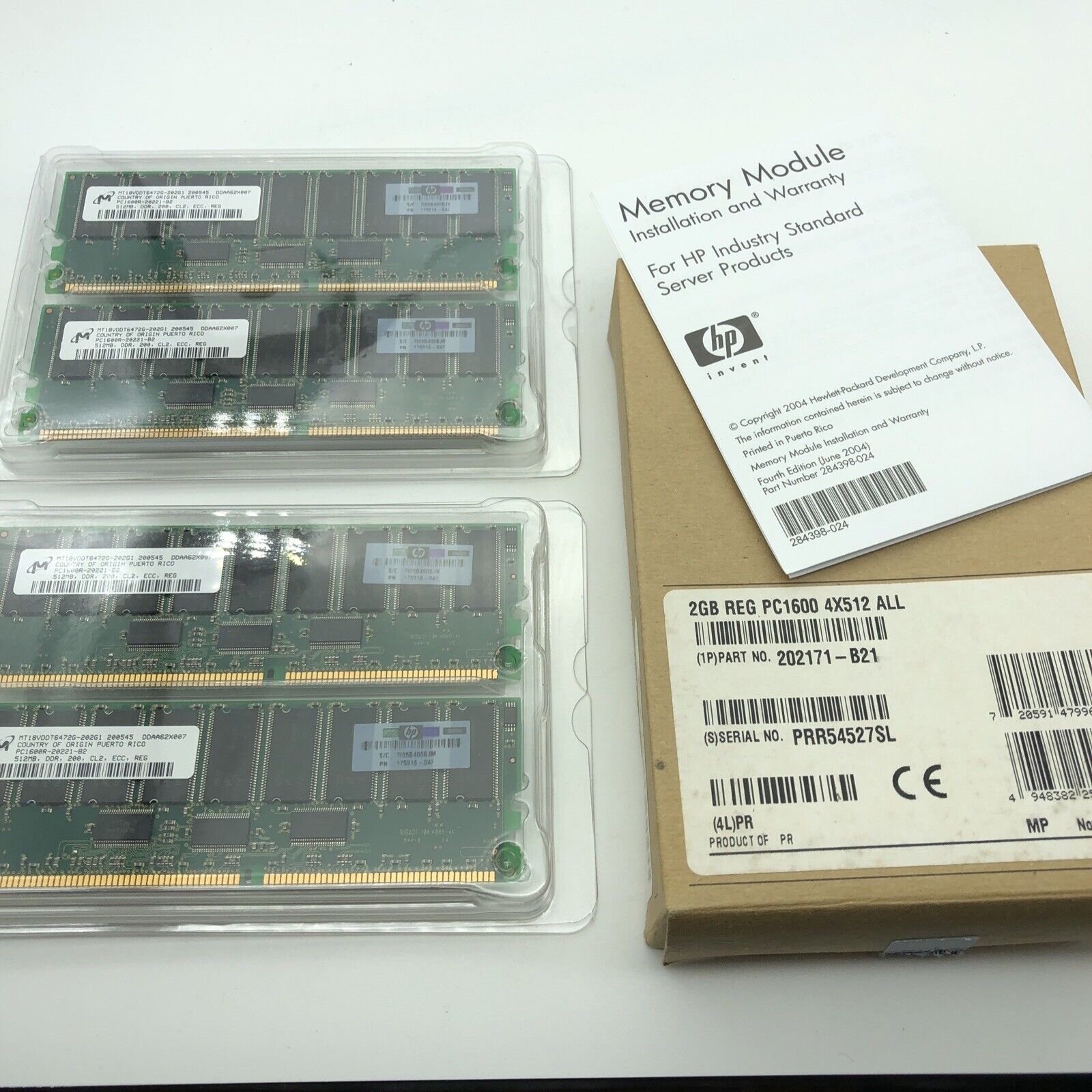 NEW HP 2GB DDR PC1600 ECC CL2 Memory Kit # 202171-B21 Compaq Server 4x512mb