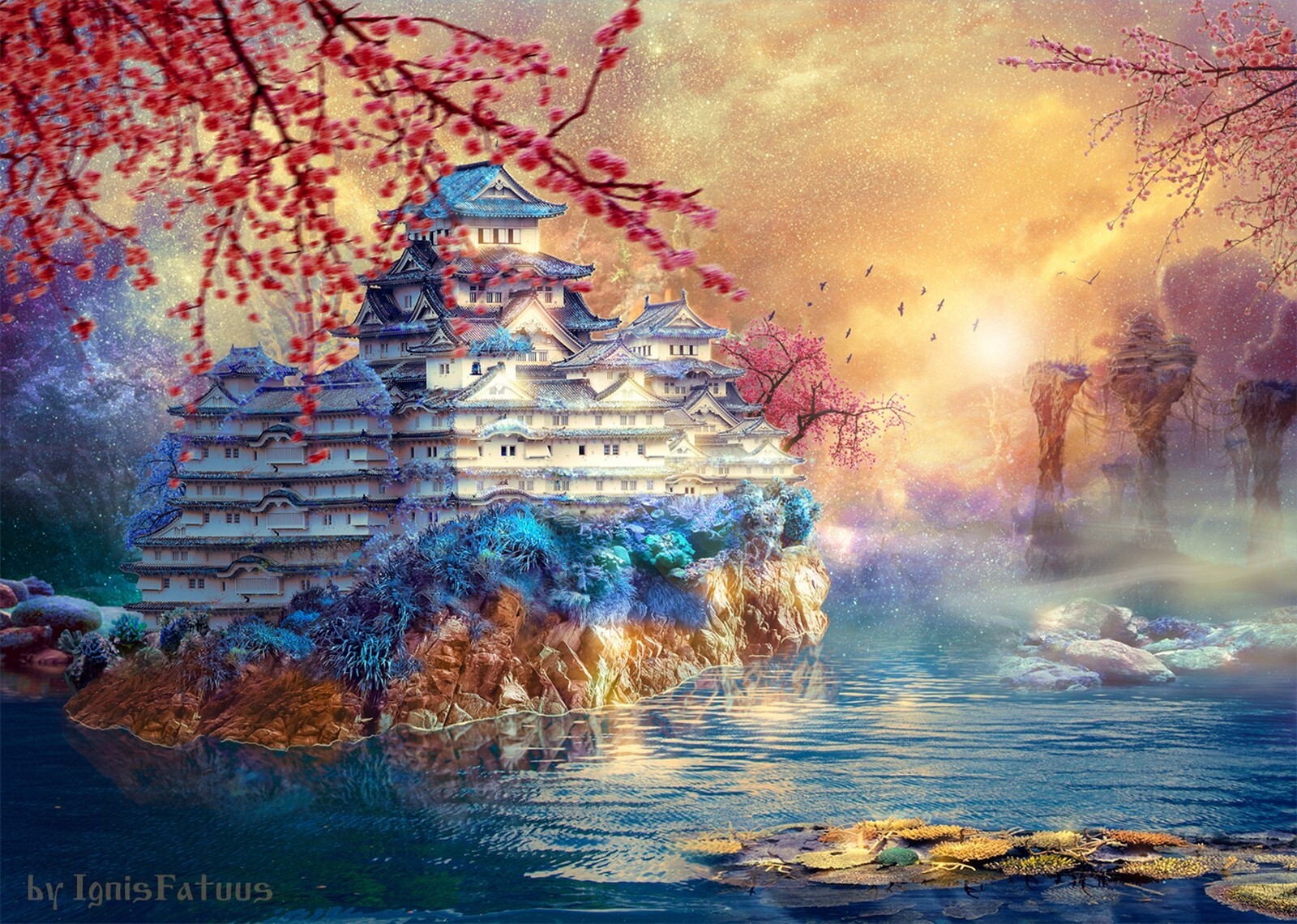 Landscape castle pond water trees sky retouching fall Custom Gaming Mat Desk
