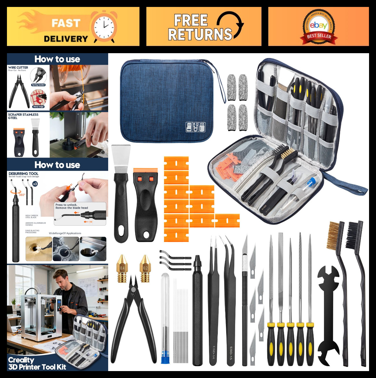 46Pcs 3D Printer Tools Kit - Accessories & Cleaning Set for FDM/SLA Printers, No