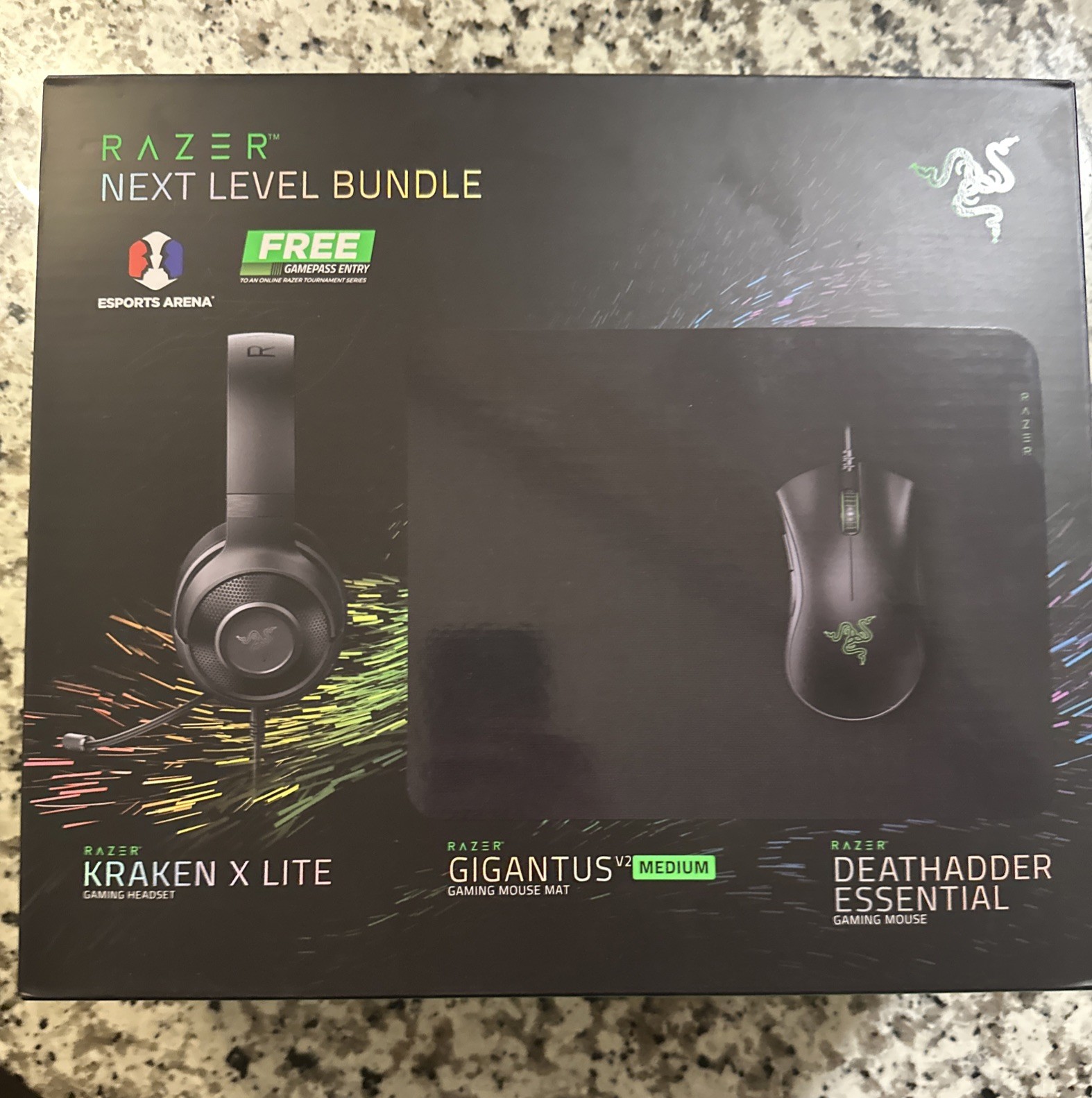 Razer Next Level Bundle Kraken X lite Headset Deathadder Mouse and Gigantus Pad.