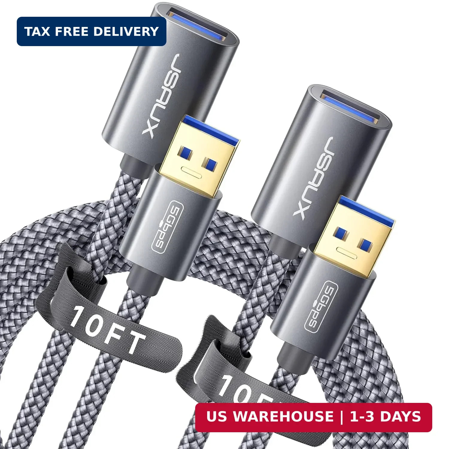 2 Pack USB 3.0 Extension Cable 10FT + 10FT Type A Male to Female Nylon Braided