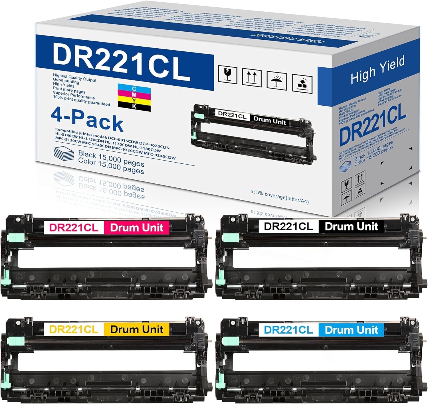Compatible Drum Unit Set Replacement Brother DR221CL Black Cyan Magenta Yellow