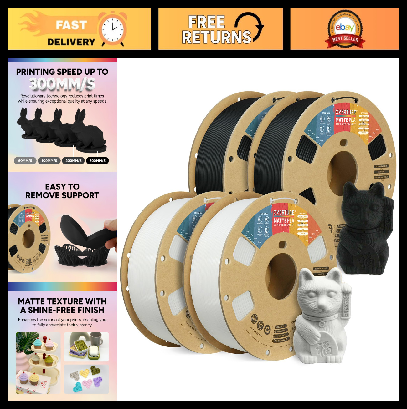 4KG Matte PLA 3D Printer Filament Bundle 1.75mm - Low Warping, 4 Pack, FDM Compa
