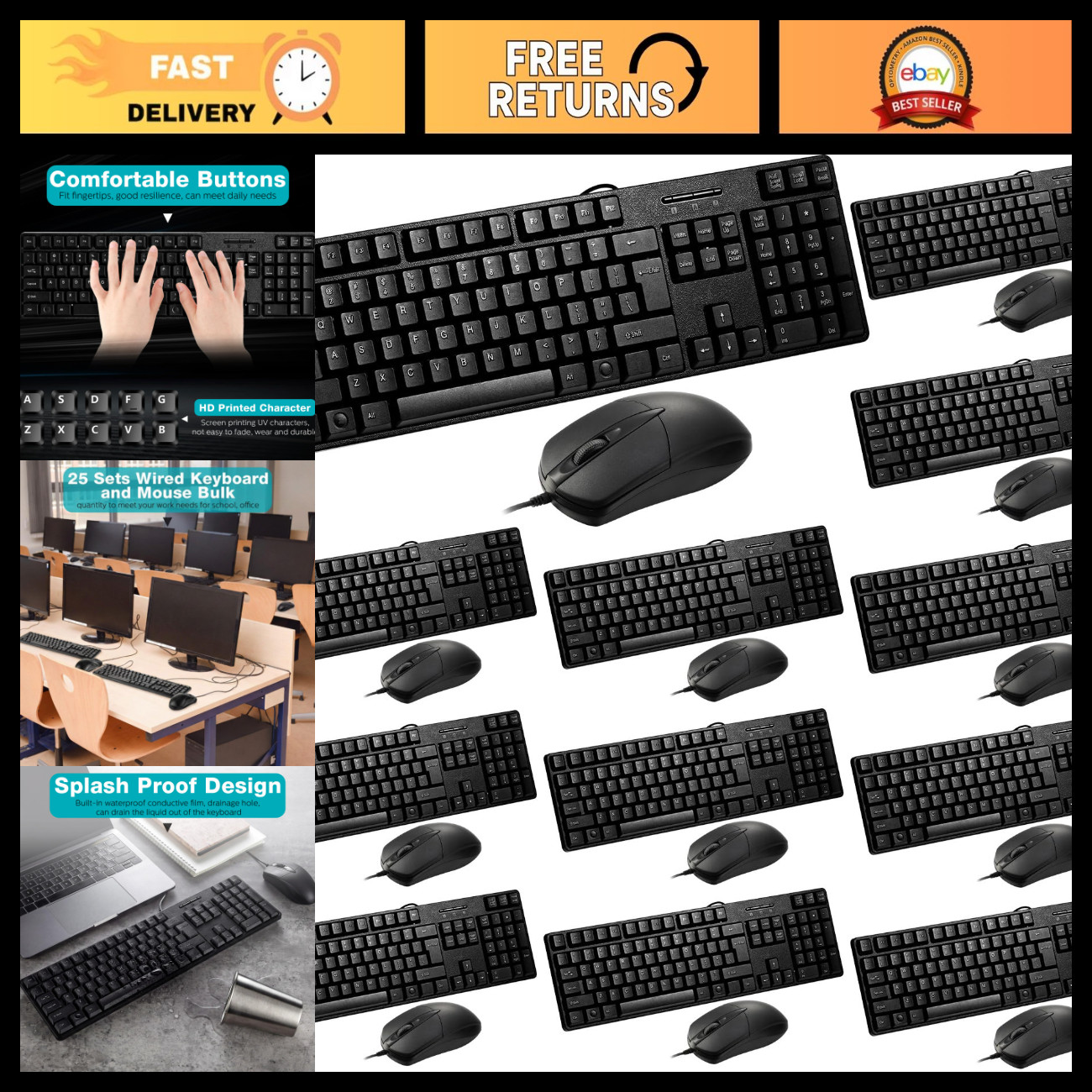 6 Pcs USB Wired Keyboard & Mouse Set - Full Size Keyboards & Mice for PC/Laptop