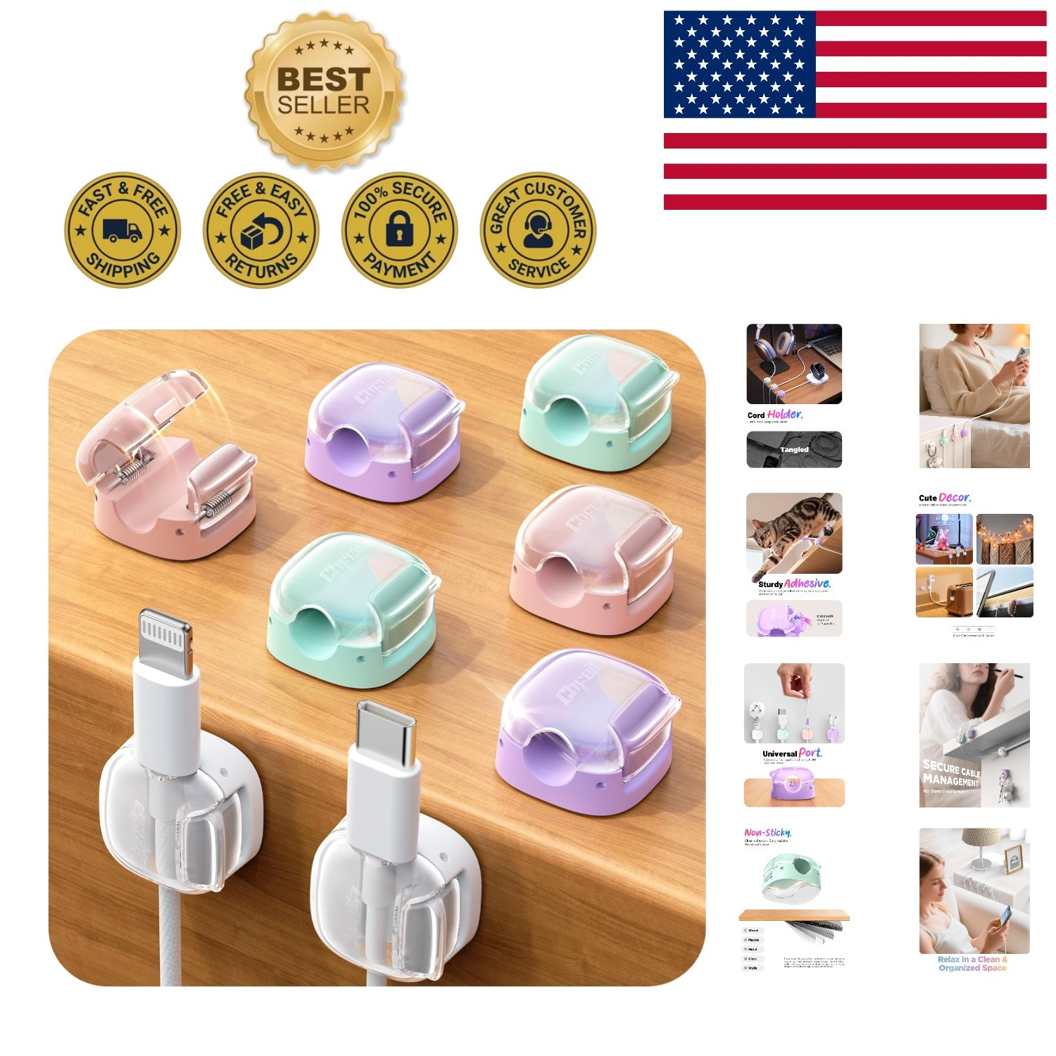 8 Pack Self-Adhesive Cable Clips: Secure & Colorful Cord Management Solution