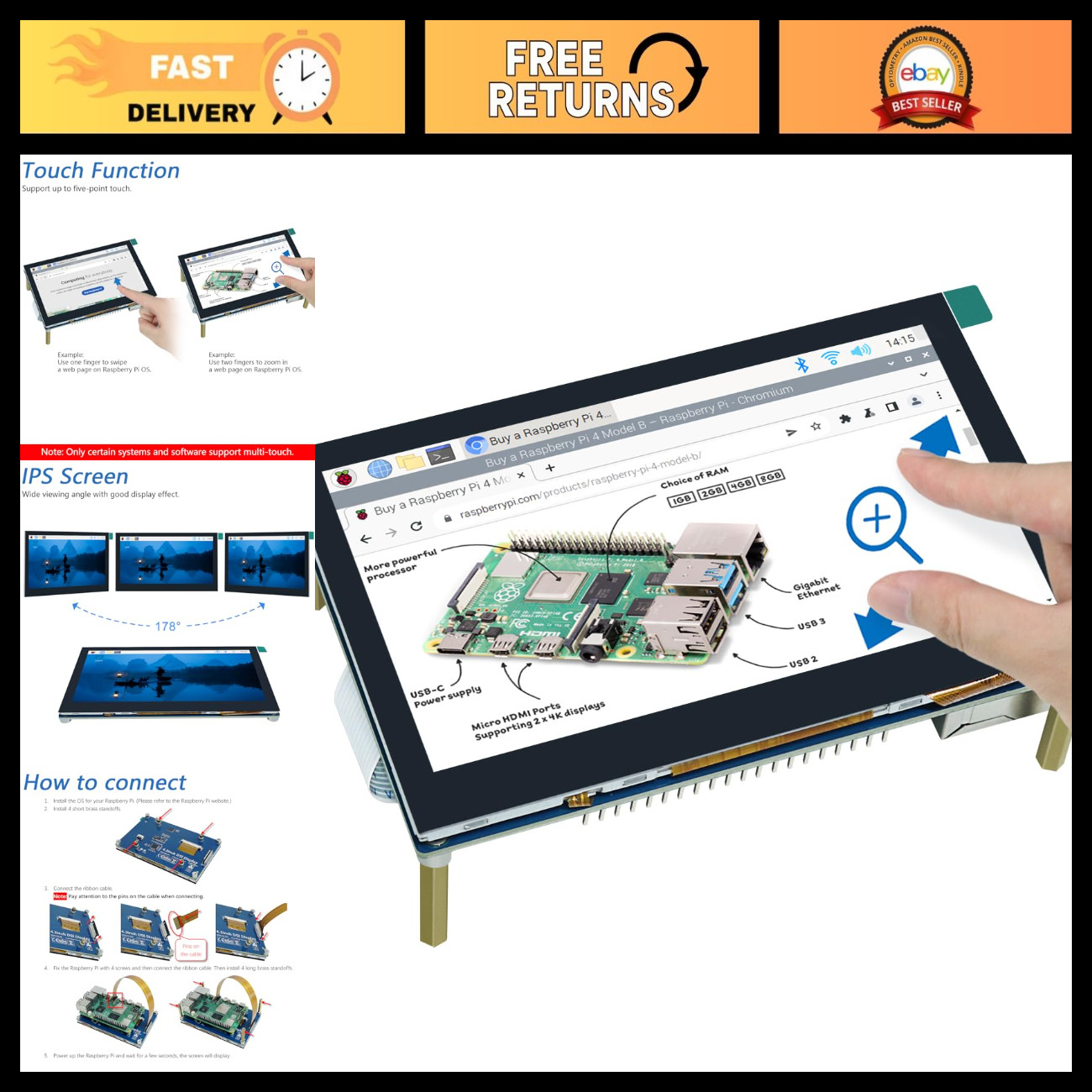 4.3 Inch IPS Touchscreen Display Monitor for Raspberry Pi - High-Resolution Scre