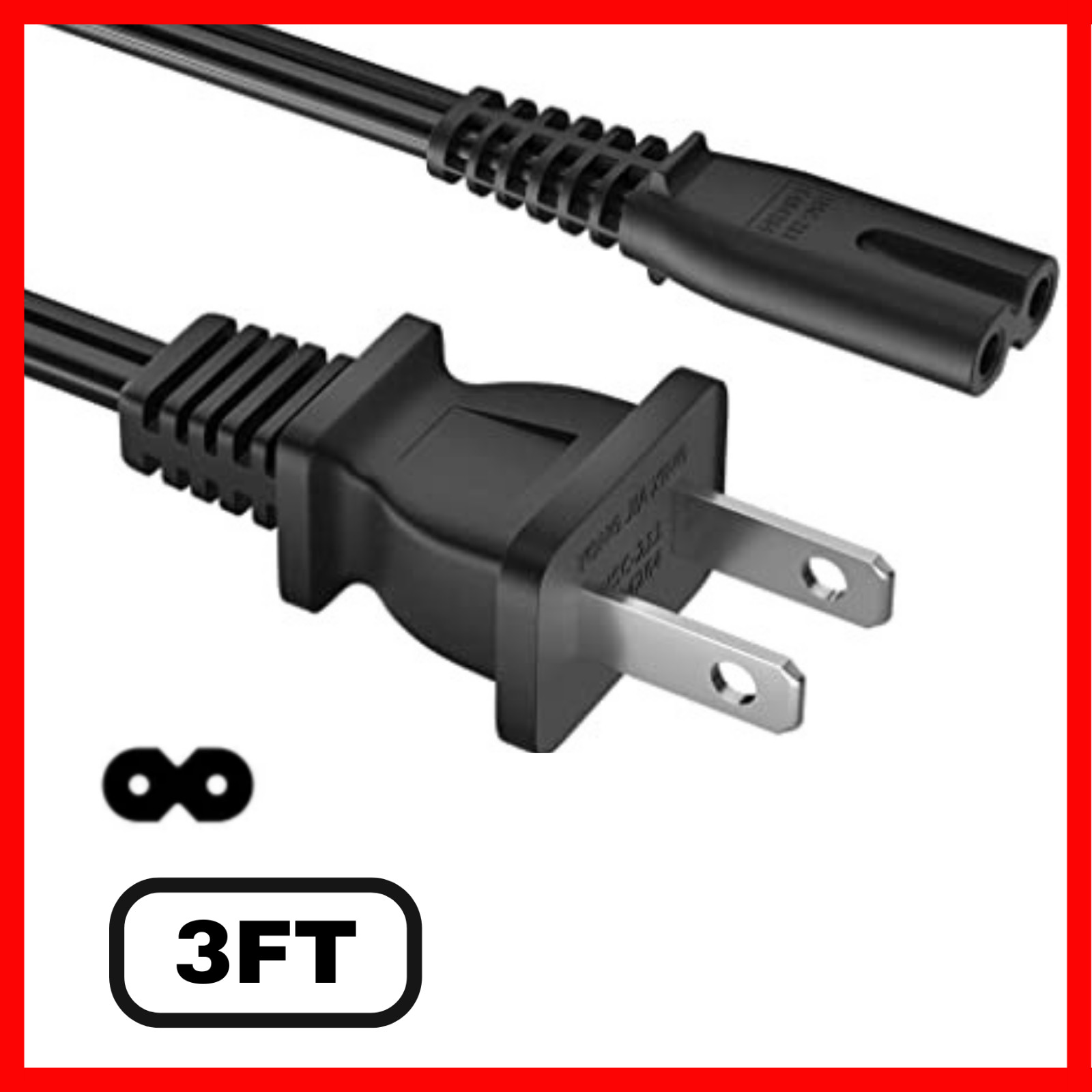 3-10 FT 2 Prong AC Power Cord for Xbox One S/X Sony PS4 / PS4 Slim / PS5 / PS3