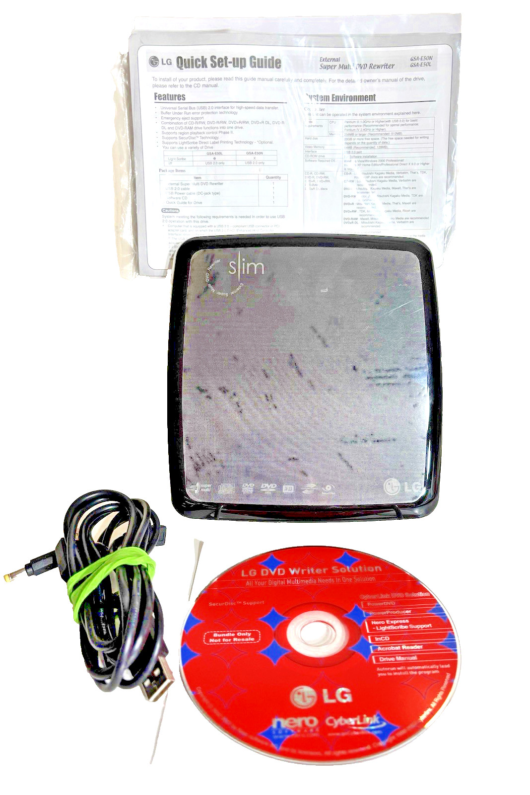 LG Slim Portable External Super Multi DVD Rewriter 8x USB2.0 #GSA-E50L Open Box