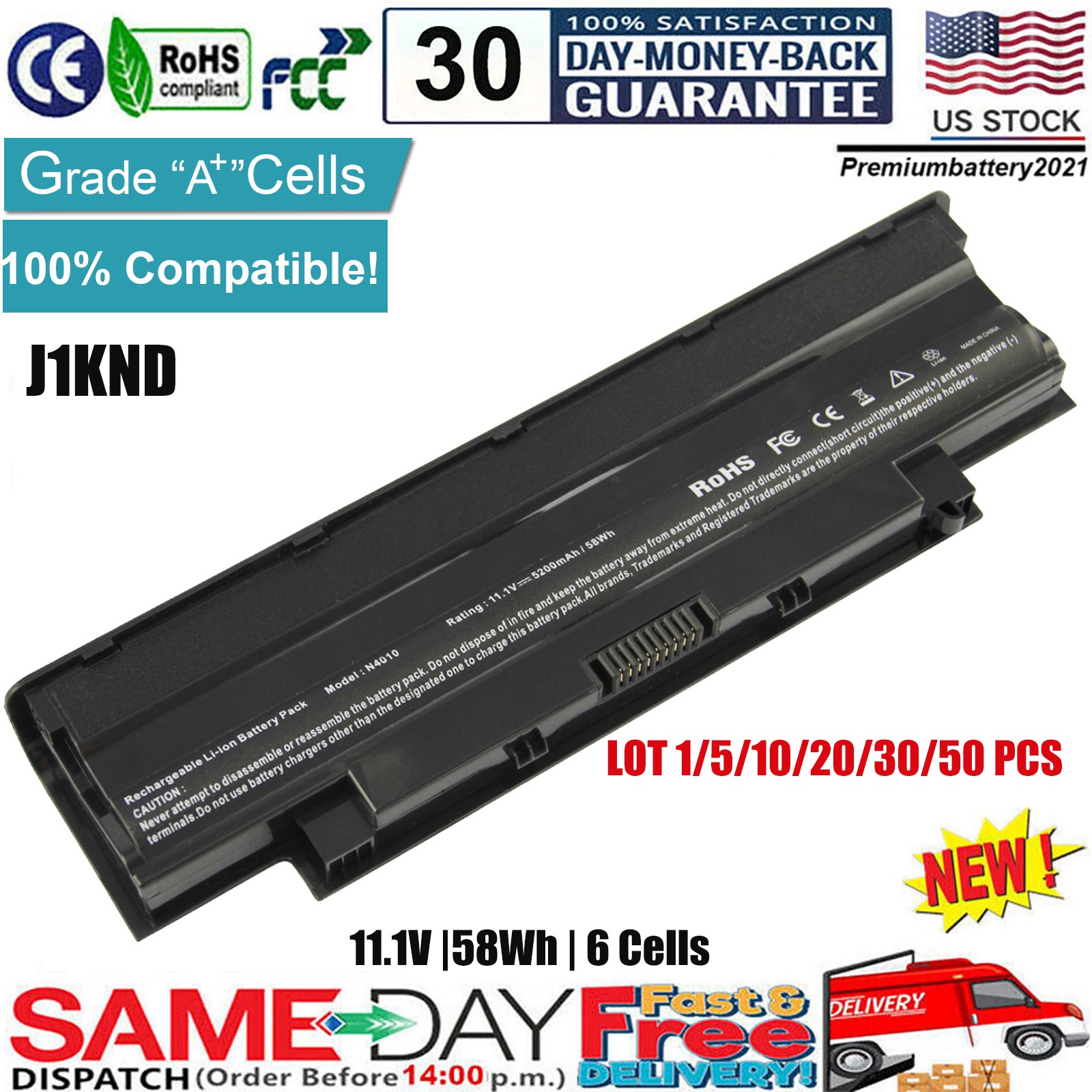 ✅LOT J1KND Battery For Dell Inspiron N7010 N7110 N5010 N5110 N5030 N4010 N4110
