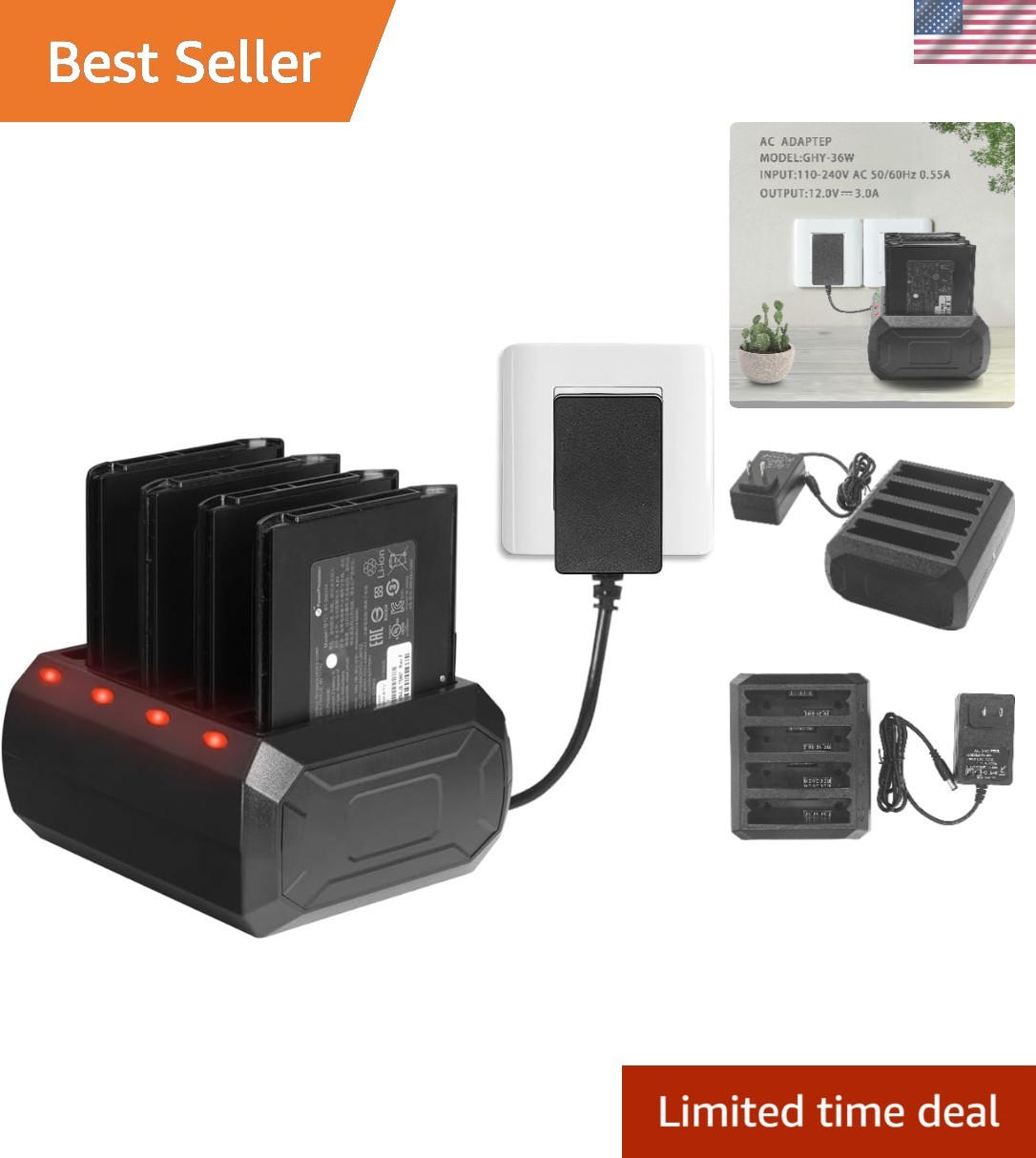 4-Slot Battery Charging Cradle with Adapter for Zebra TC51 TC510K TC52 TC56 T...