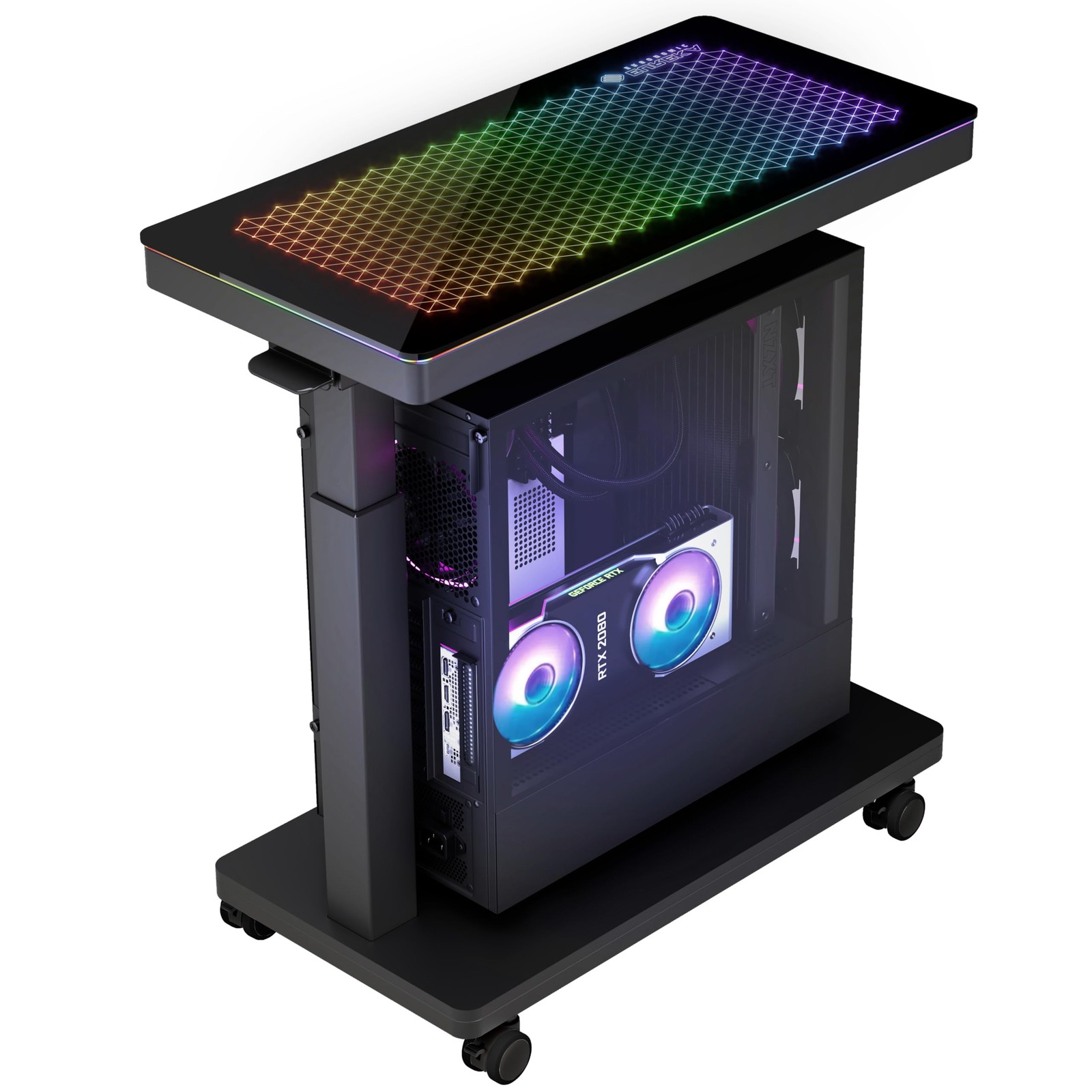 ERGONOMIC Height Adjustable Computer Tower, Illuminated Glass Panel PC Stand