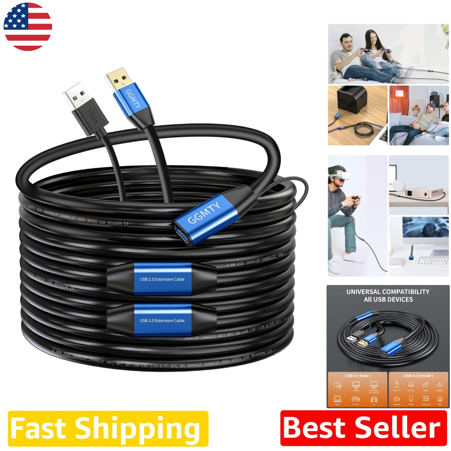 Long 100ft USB 2.0 Active Extension Cable - Reliable Signal, 480Mbps Speed