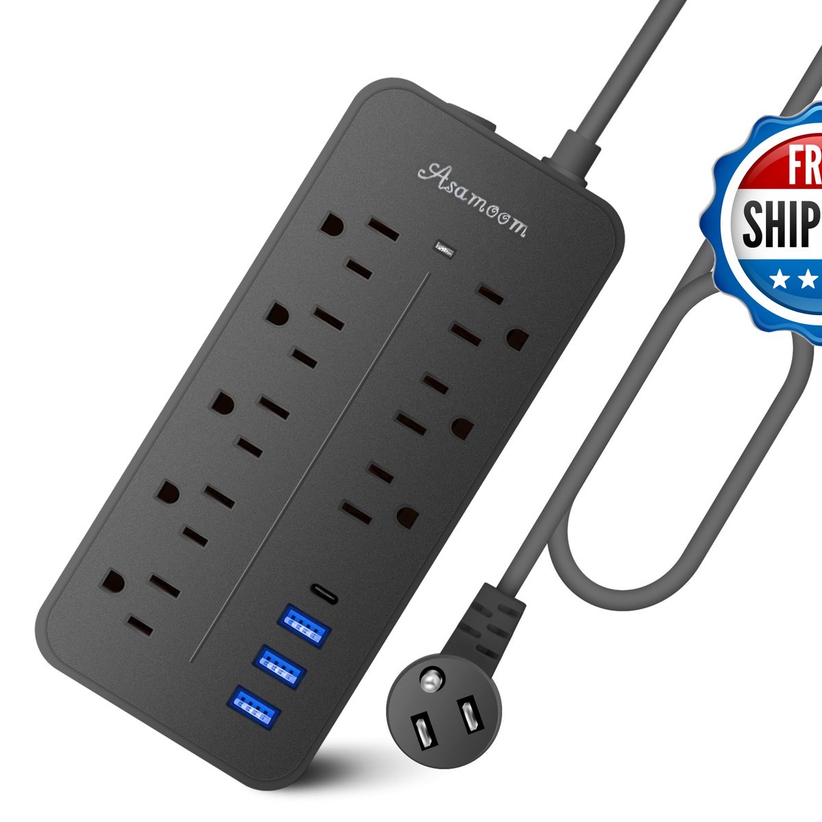 25FT Flat Plug Surge Protector - 8 Outlet 3 USB (A&C) Power Strip - Black